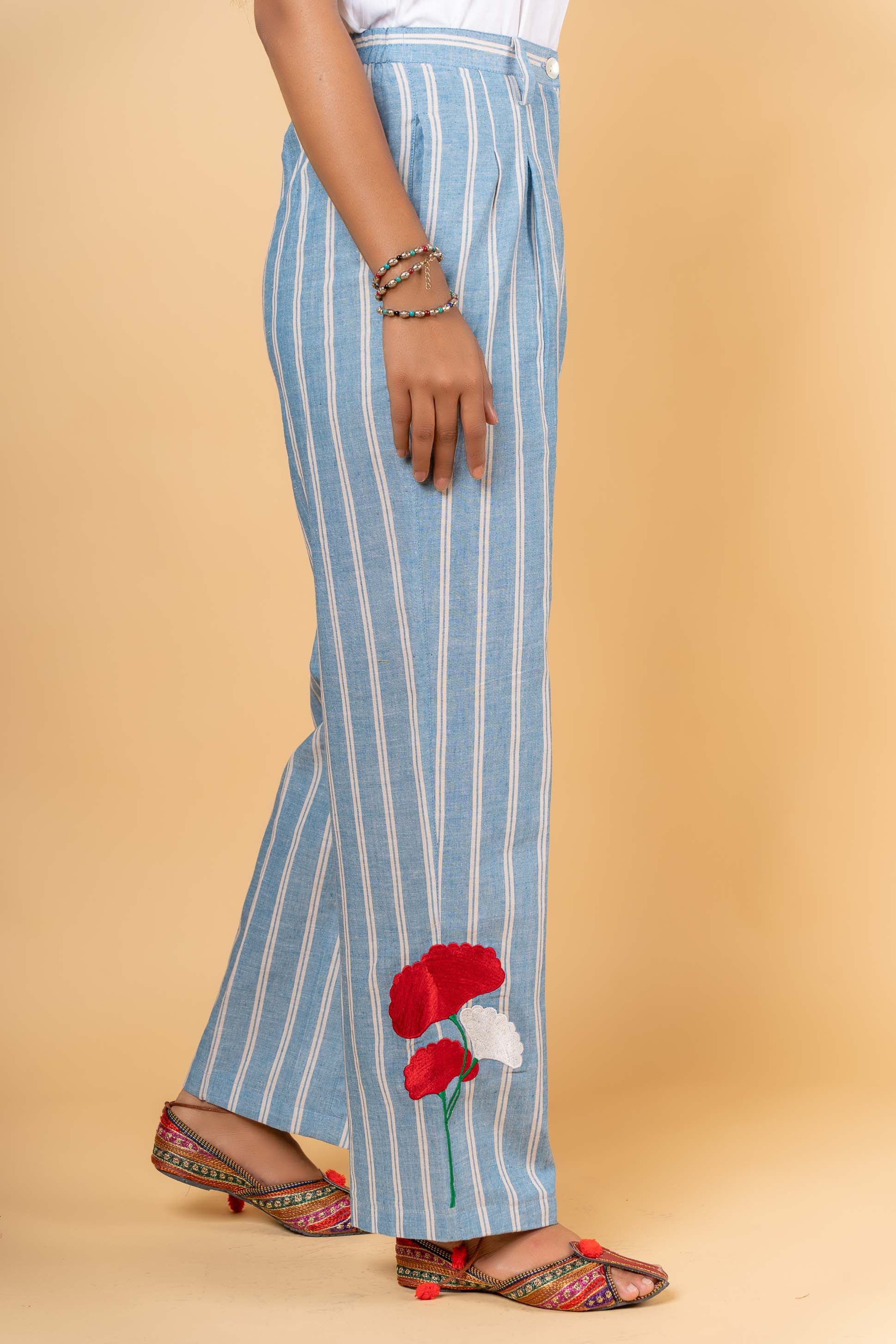 Blue Khari Cotton Embroidered High Waist Pant