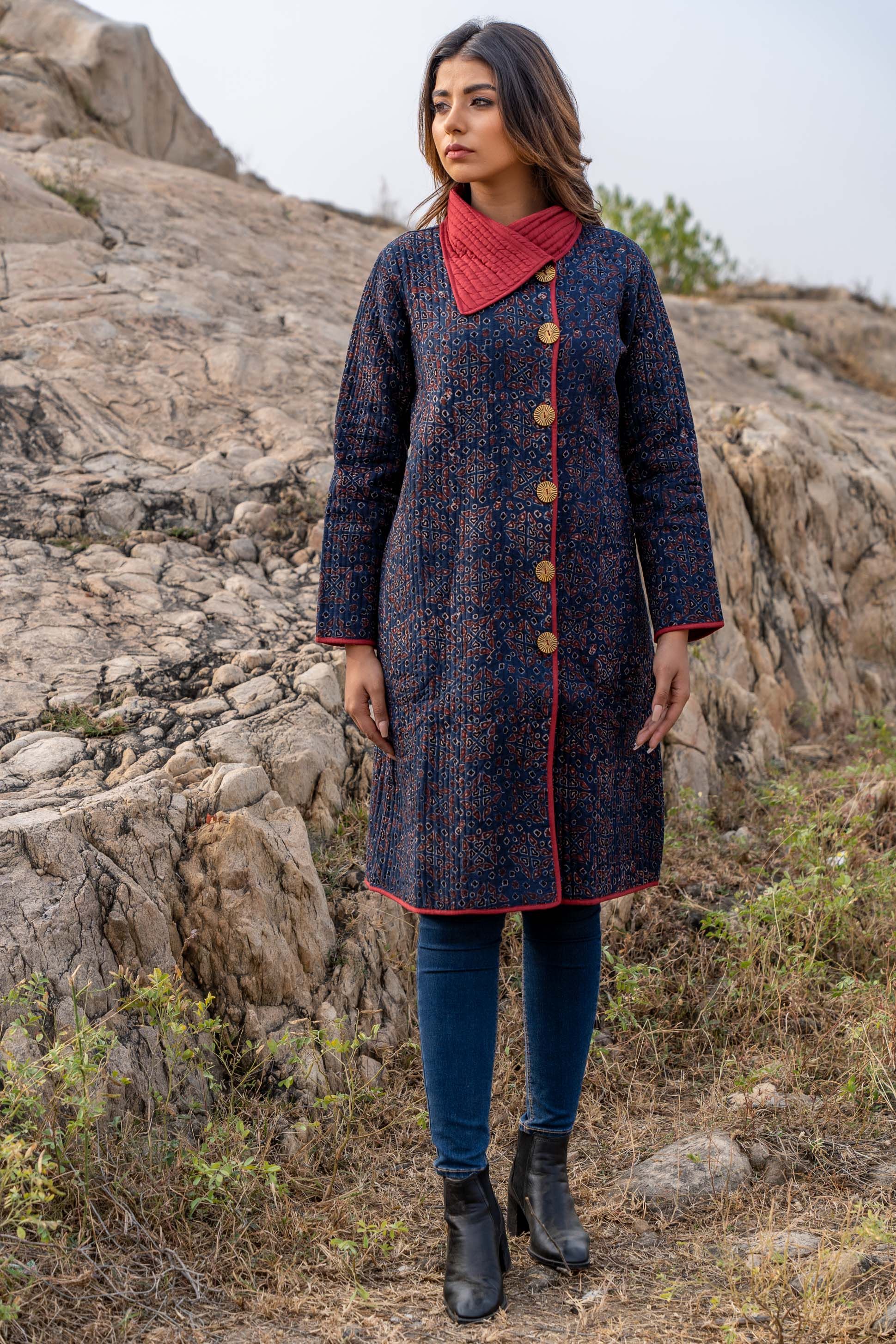 Blue Ajrakh Quilted Bukhara Coat