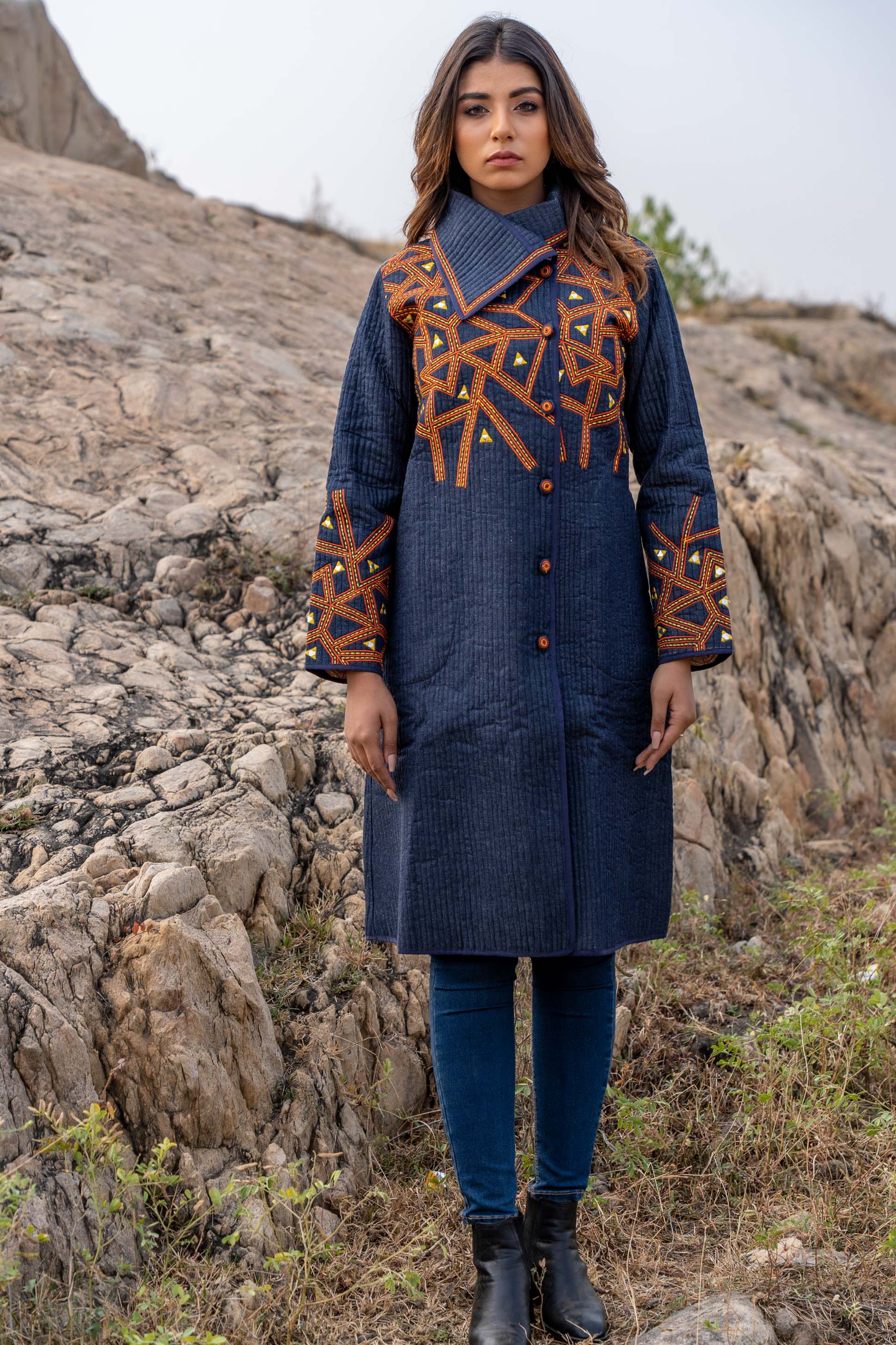 Denim Embroidered Quilted Bukhara Coat