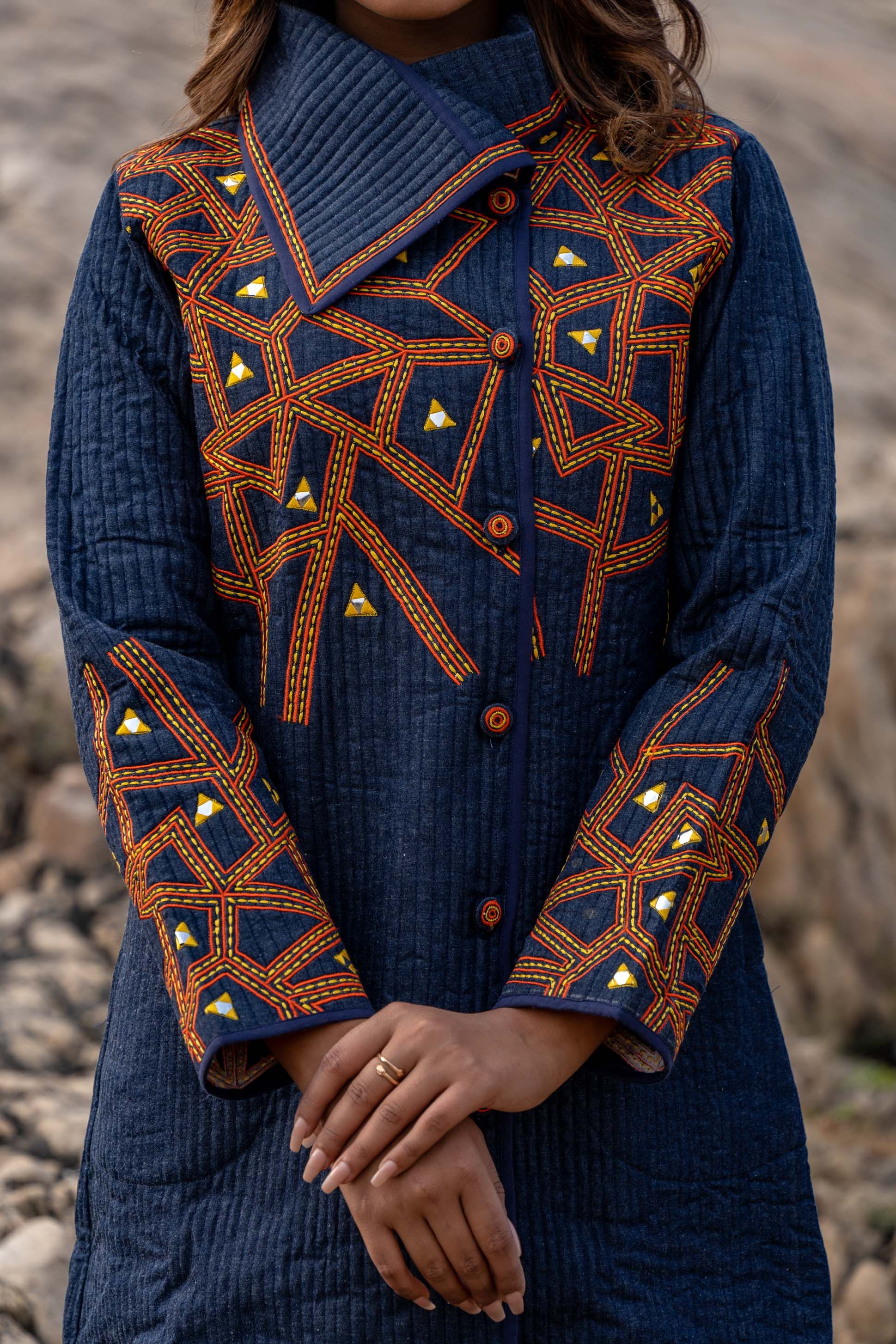 Denim Embroidered Quilted Bukhara Coat