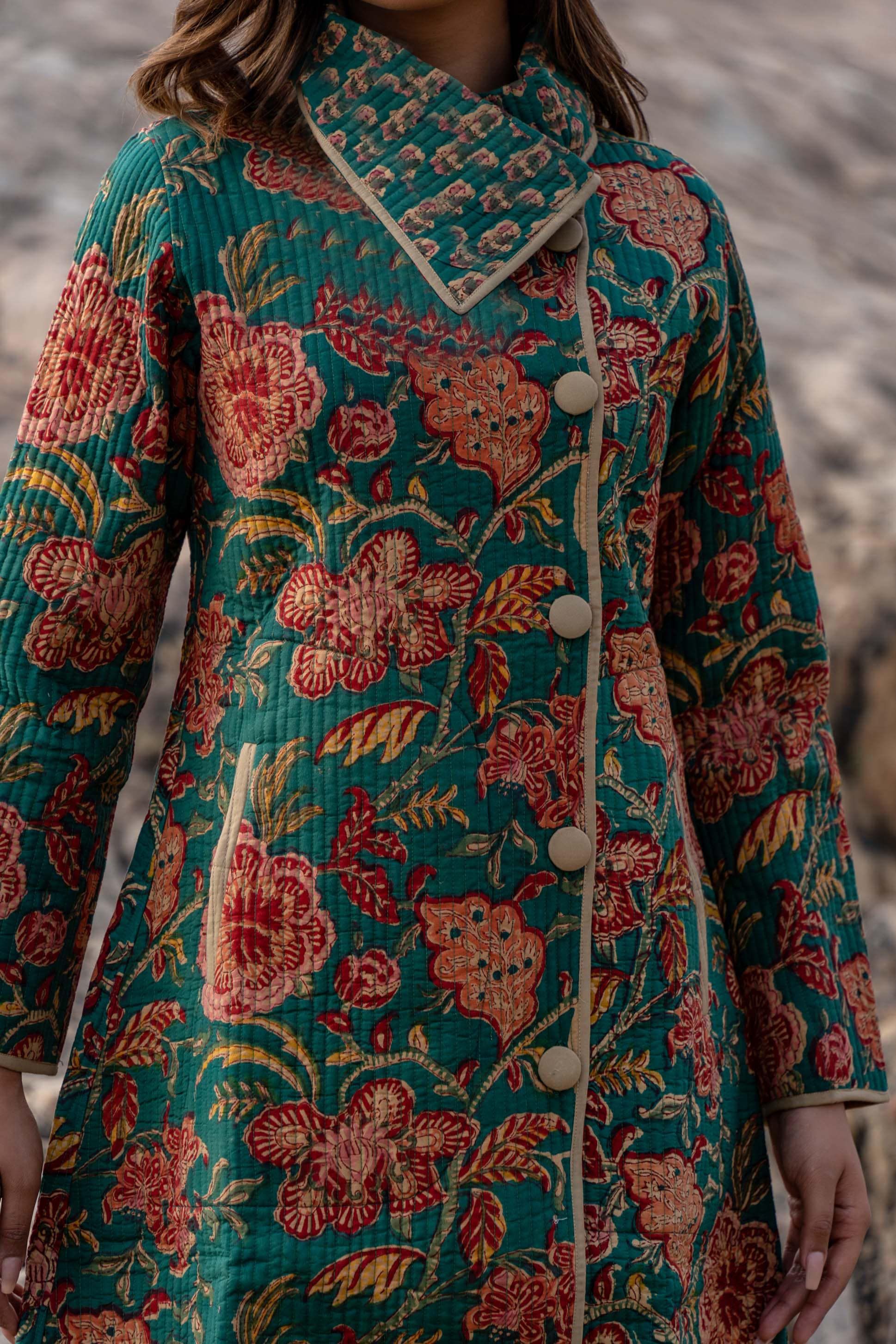 Green Floral Block Printed Quilted Bukhara Coat