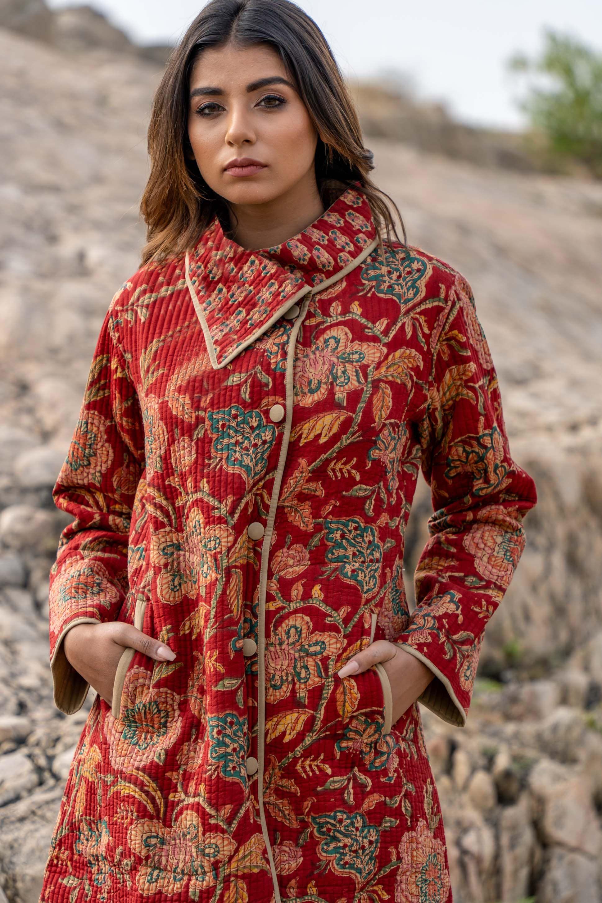 Red Floral Block Printed Quilted Bukhara Coat
