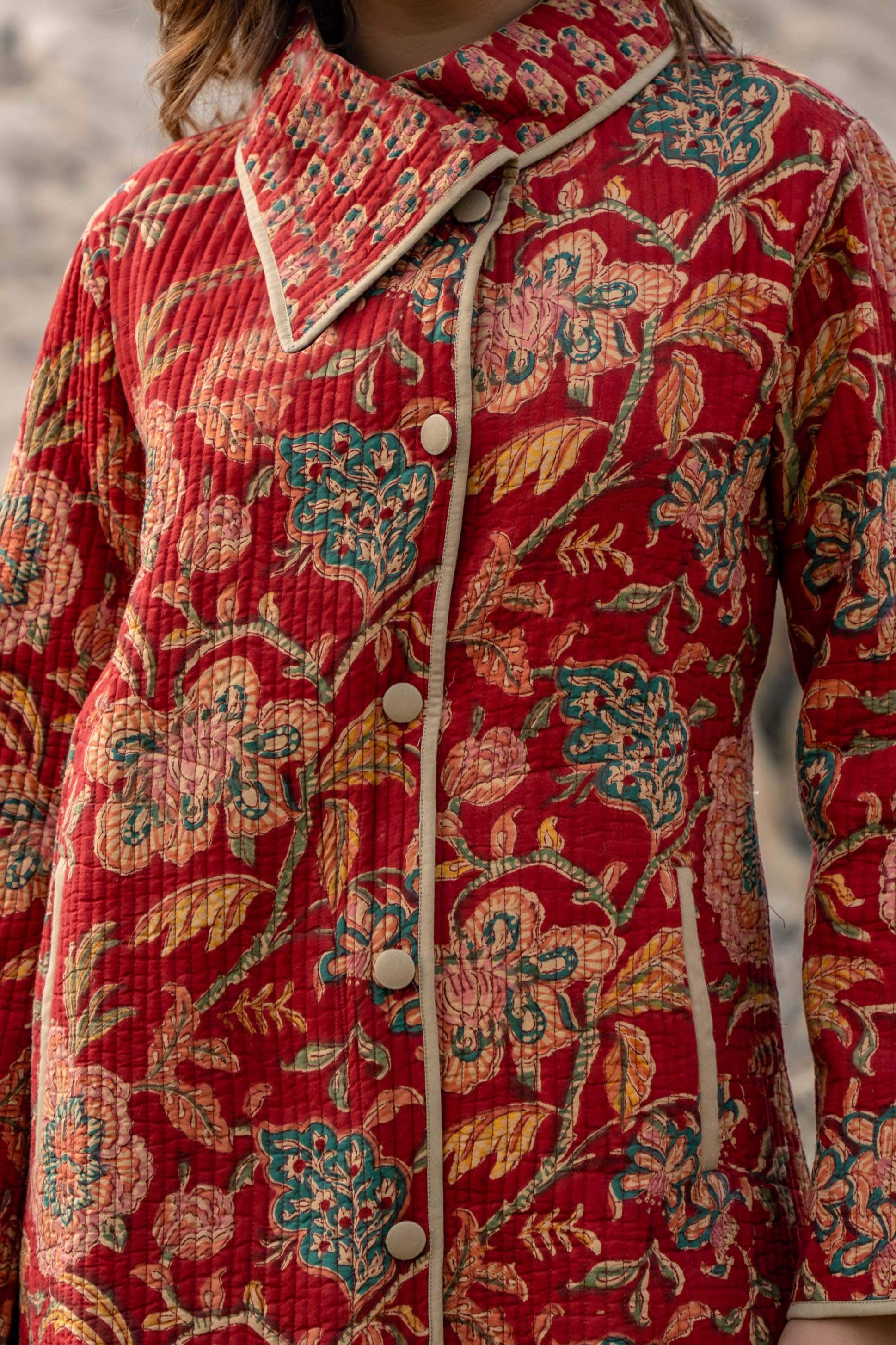 Red Floral Block Printed Quilted Bukhara Coat