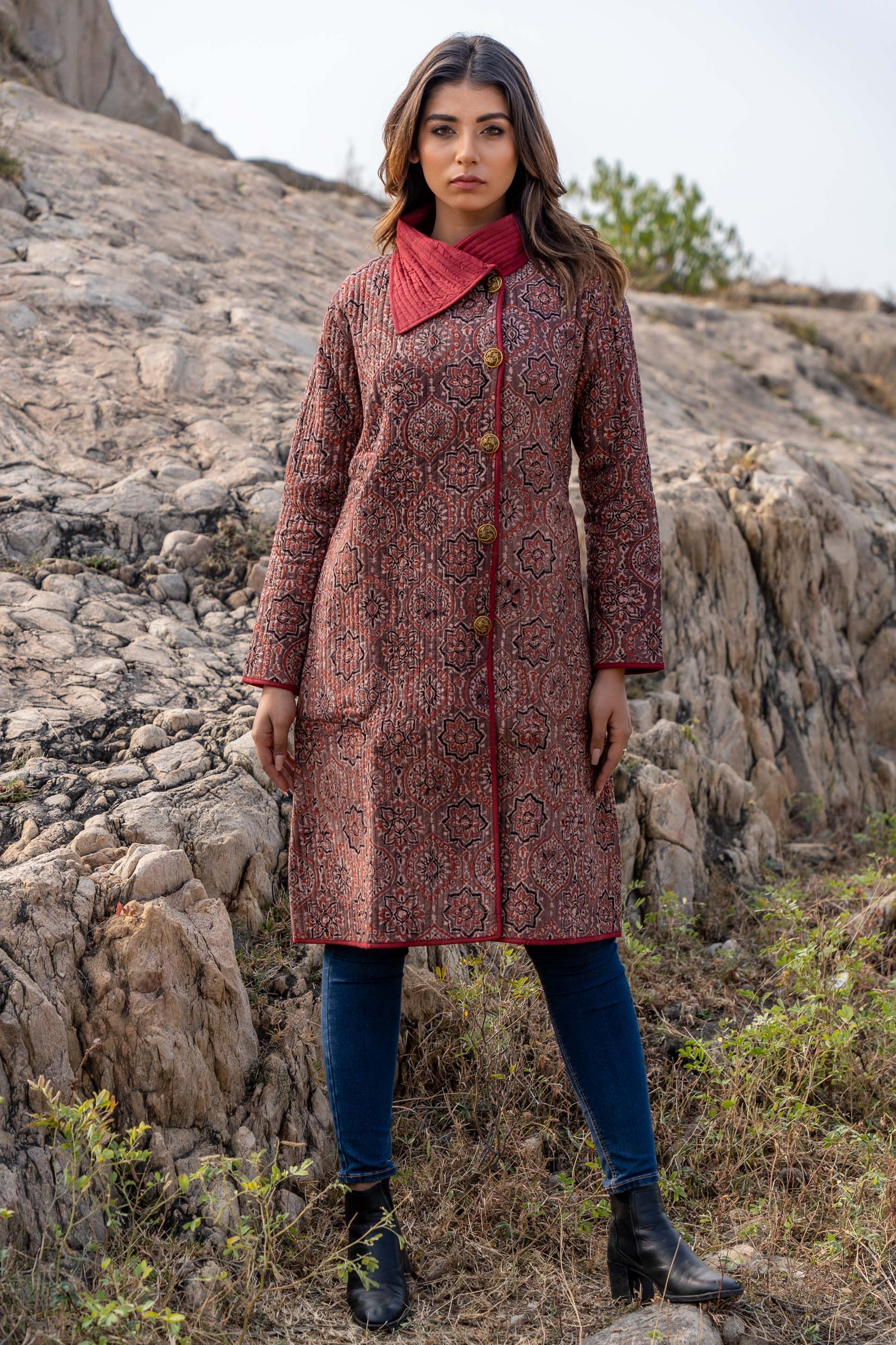 Brown Ajrakh Block Printed Quilted Bukhara Coat