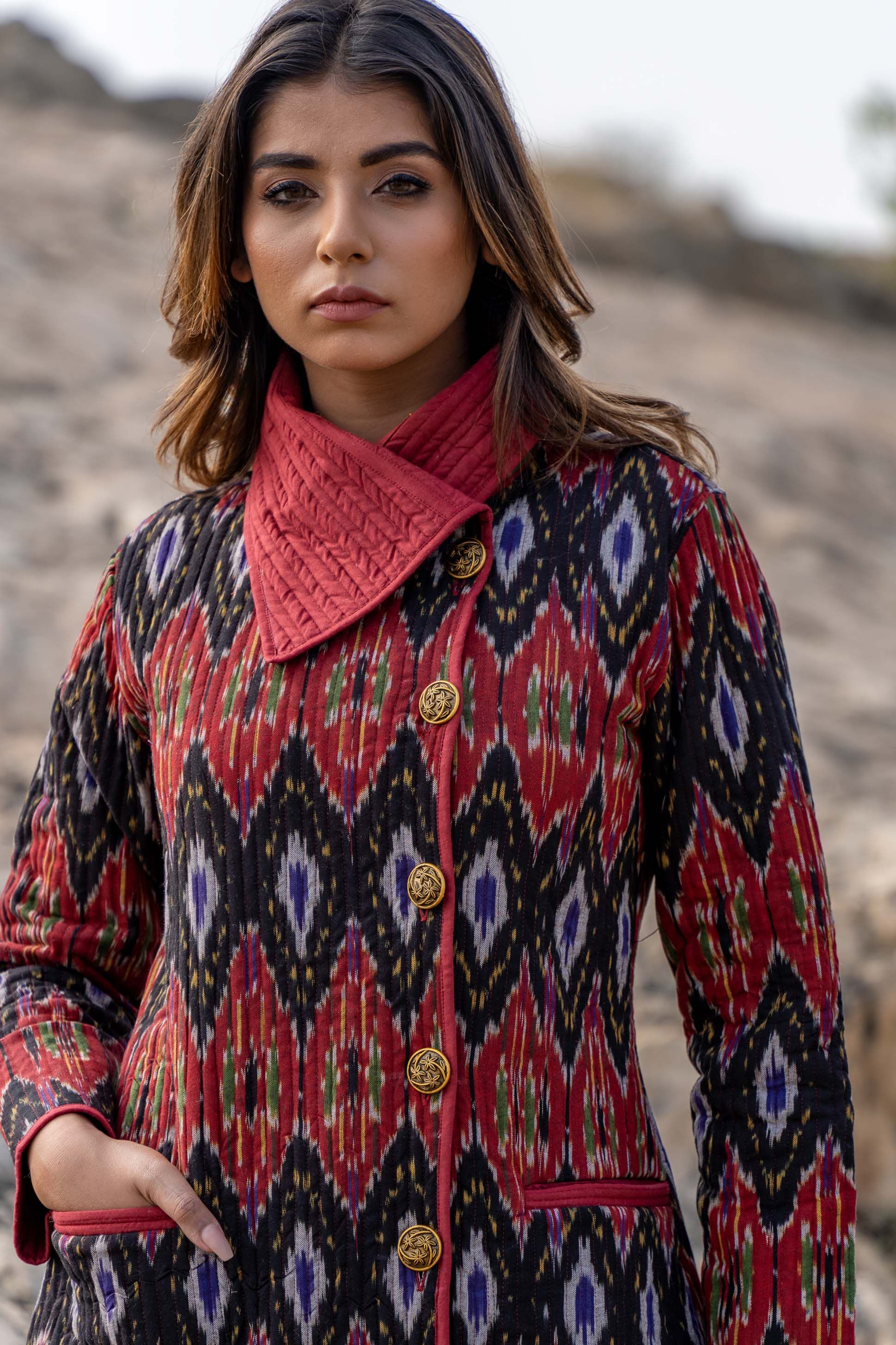 Red Ikat Quilted Bukhara Coat