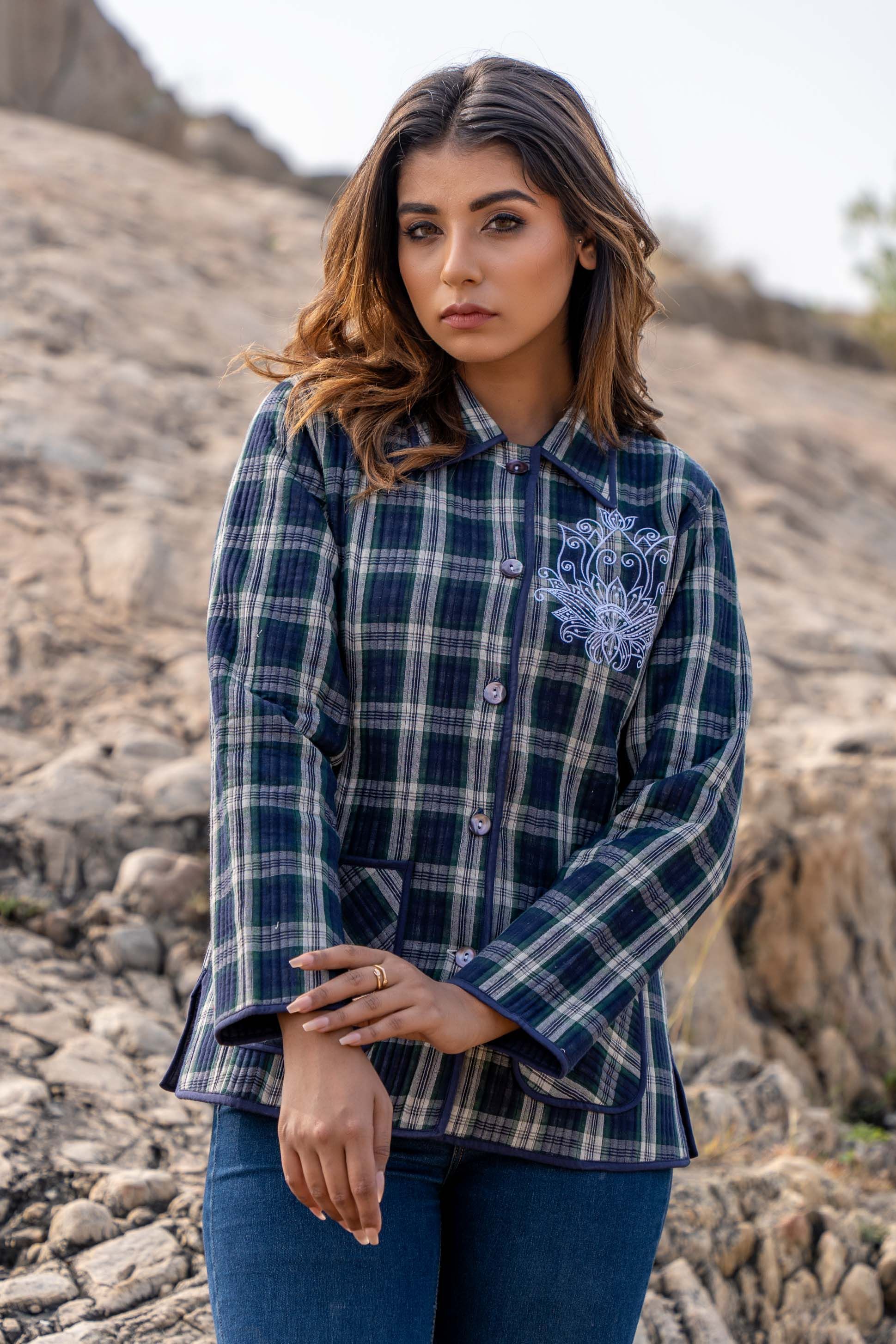 Blue Checks Quilted Embroidered Jacket