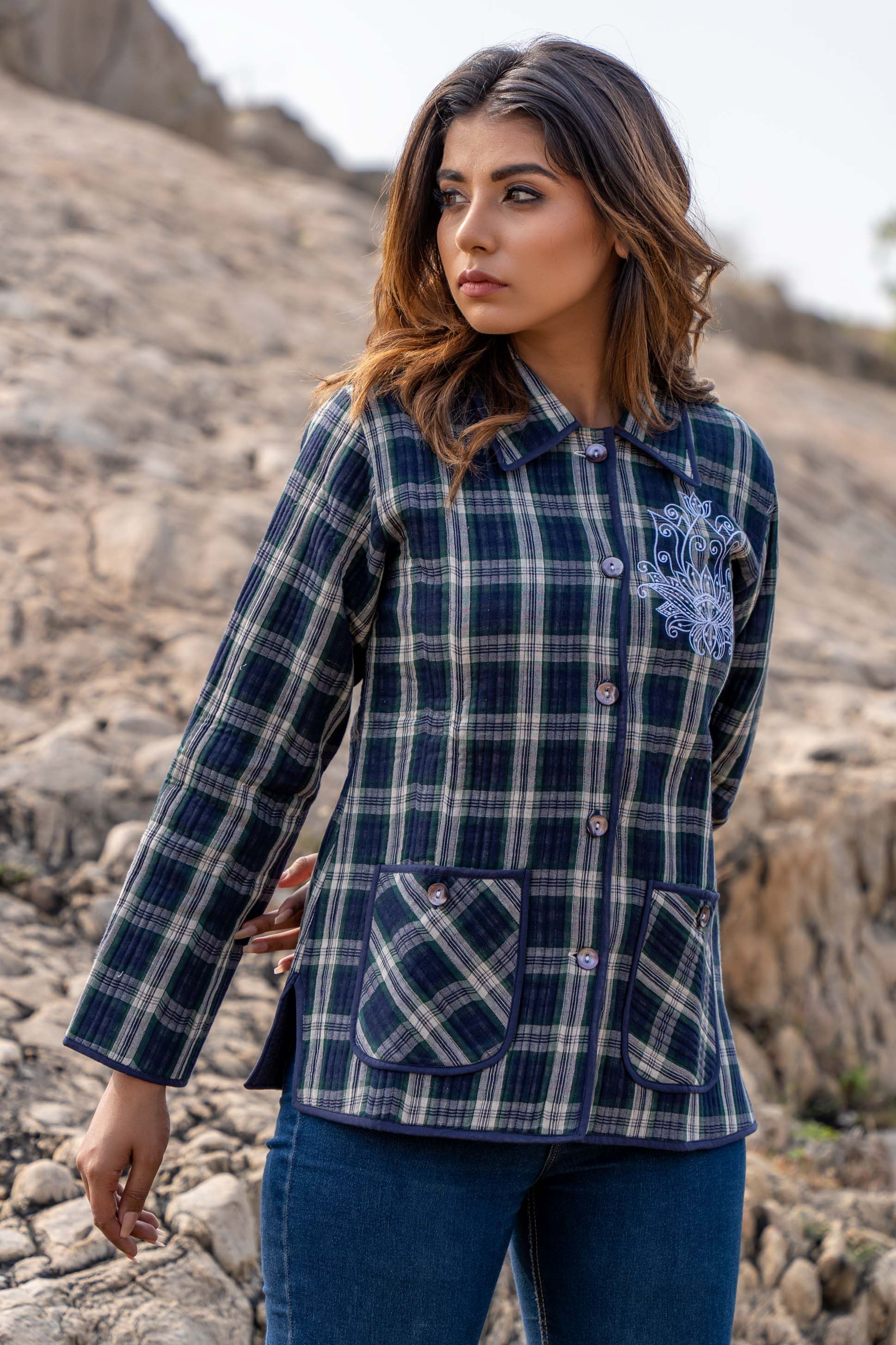 Blue Checks Quilted Embroidered Jacket