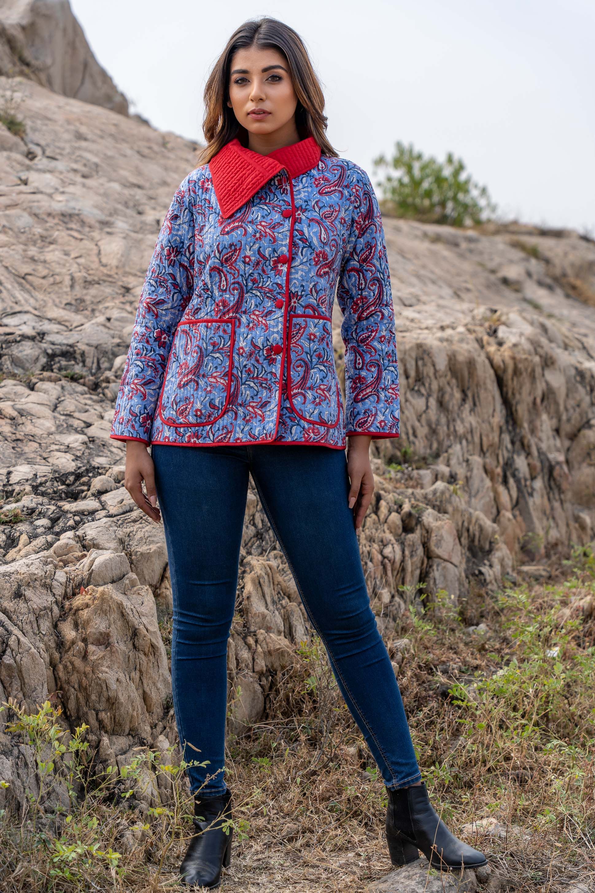 Blue Floral Block Print Quilted Bukhara Jacket