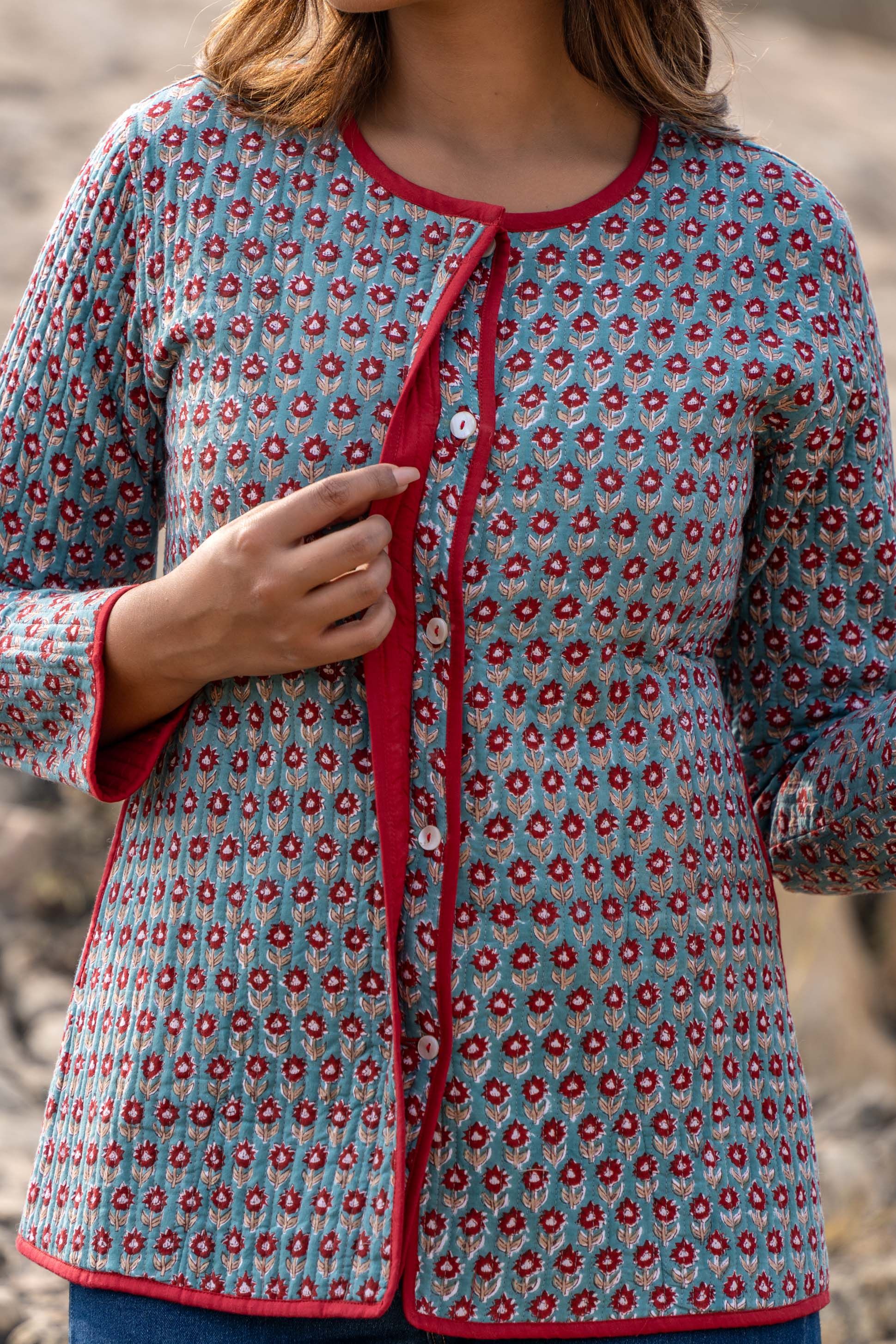 Green Red Hand Block Printed Quilted Jacket