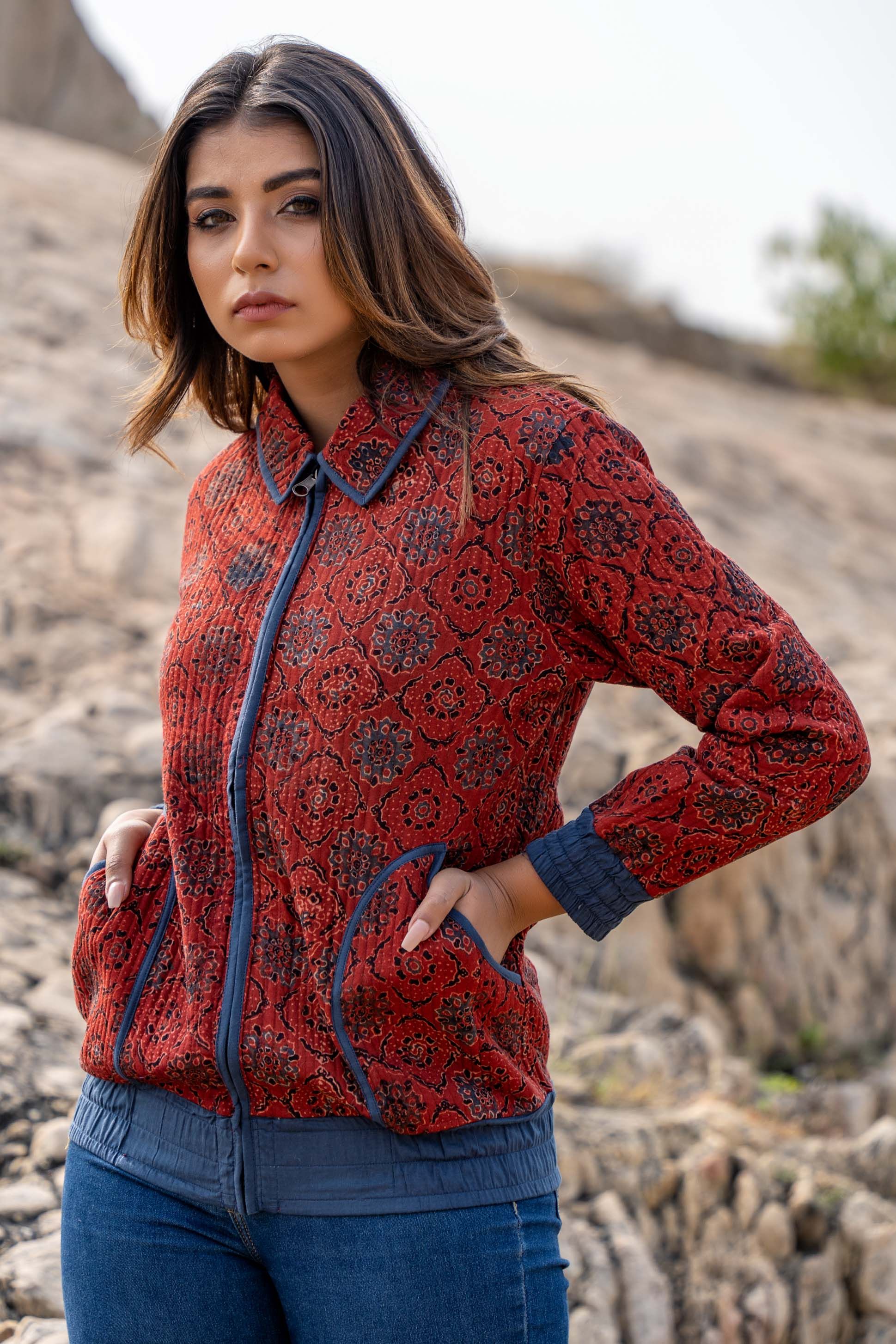 Red Ajrakh Quilted Bomber Jacket