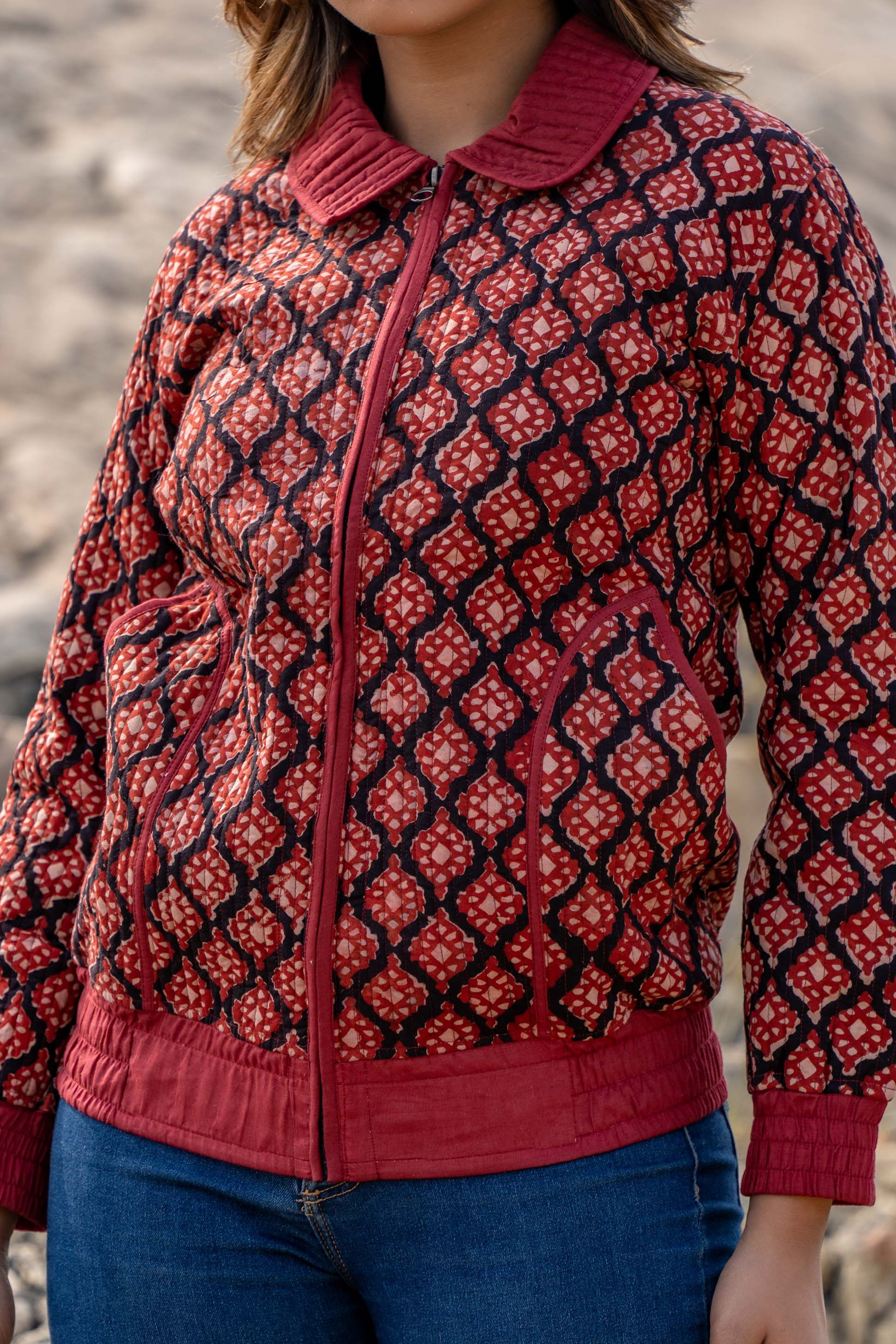 Red Bagh Block Print Quilted Bomber Jacket