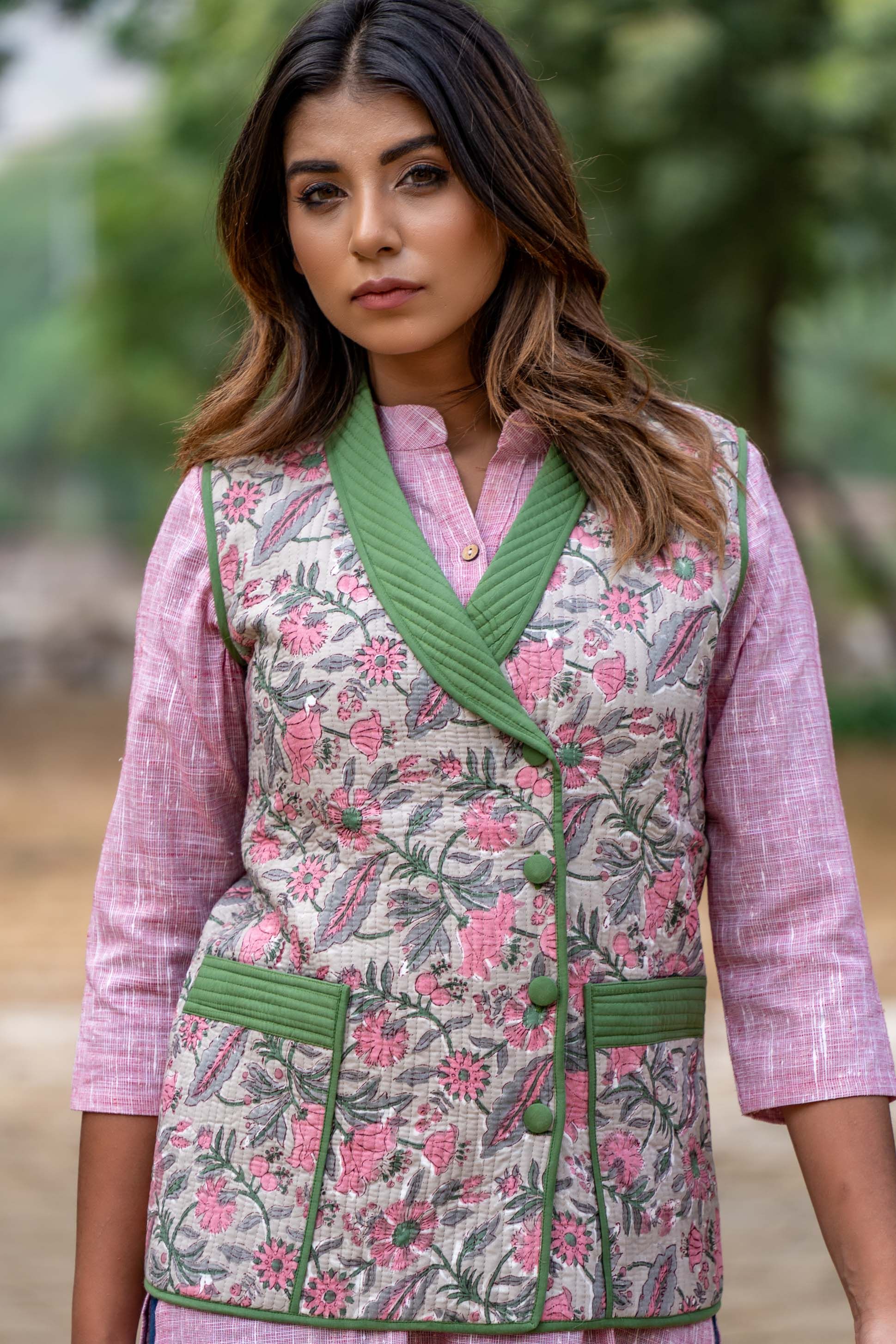 Floral Block Printed Quilted Sleeveless Jacket