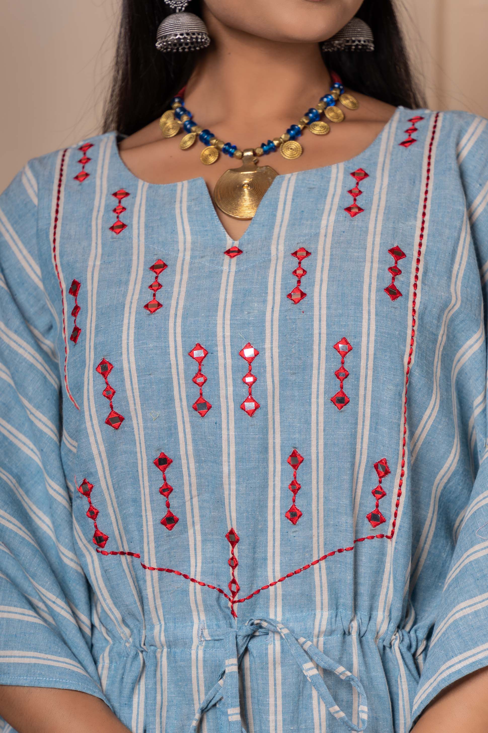 Blue Khari Cotton Embroidered Kaftan