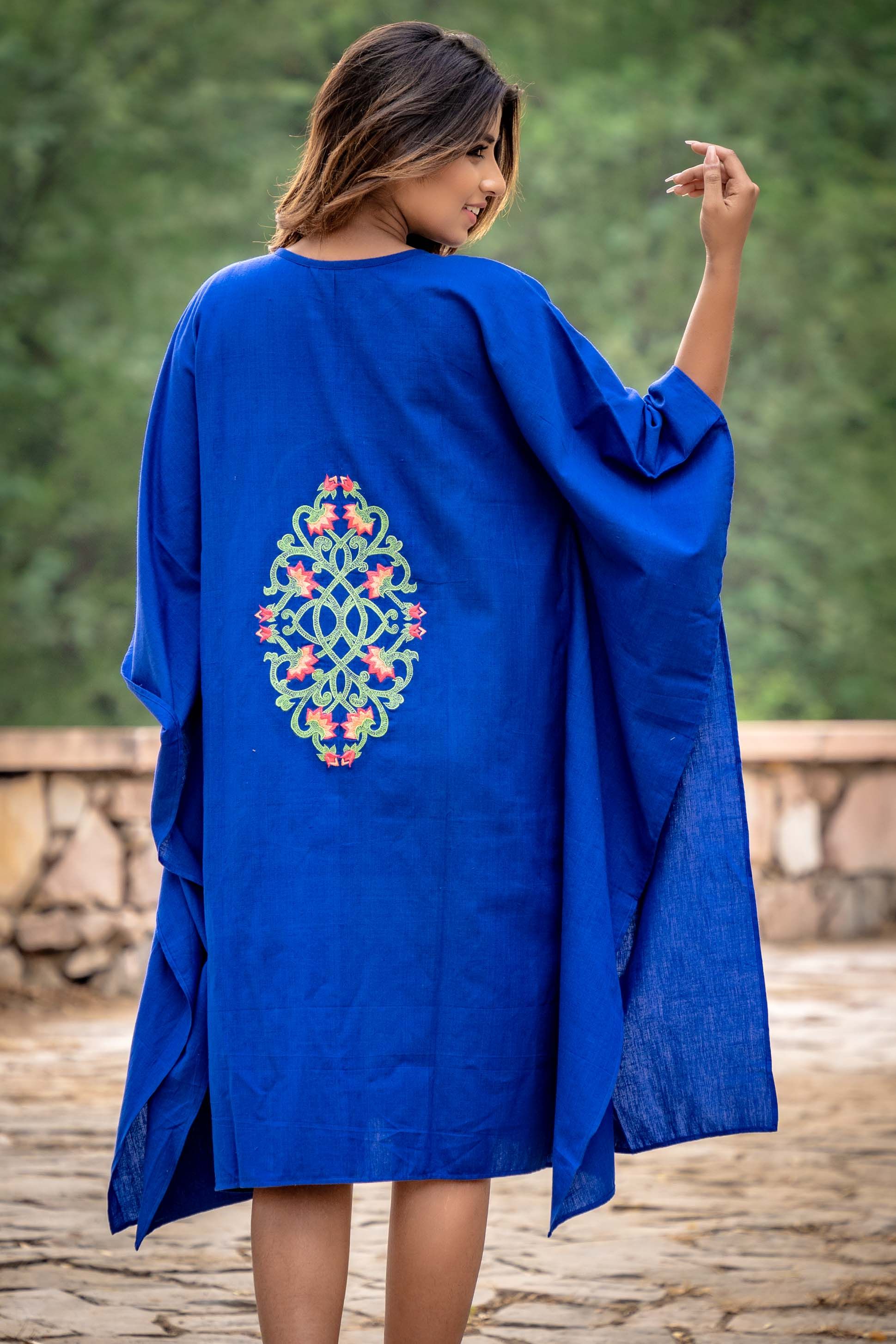Azure Blue Embroidered Khari Cotton Kaftan