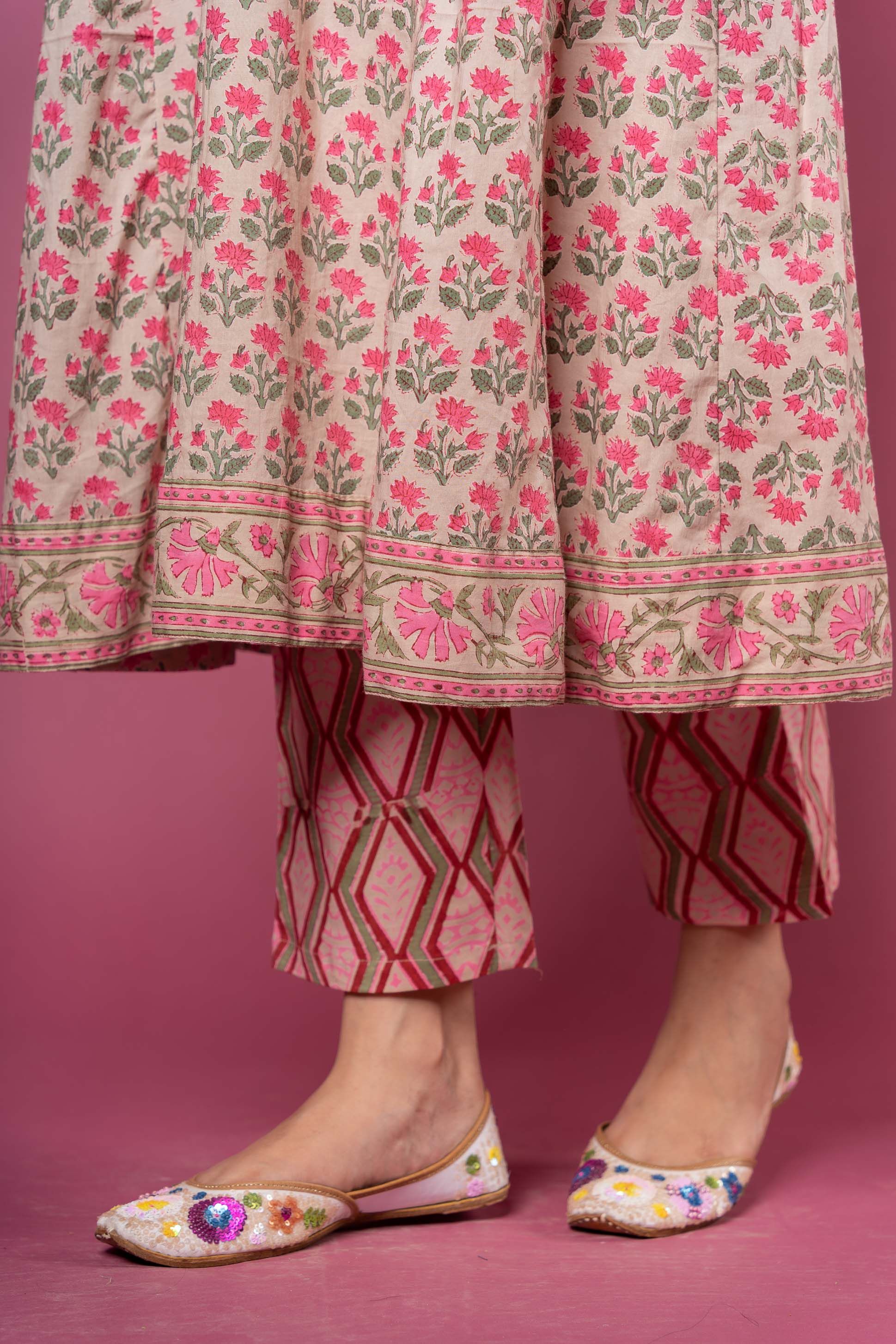 Pink Floral Block Printed Anarkali Kurta Set