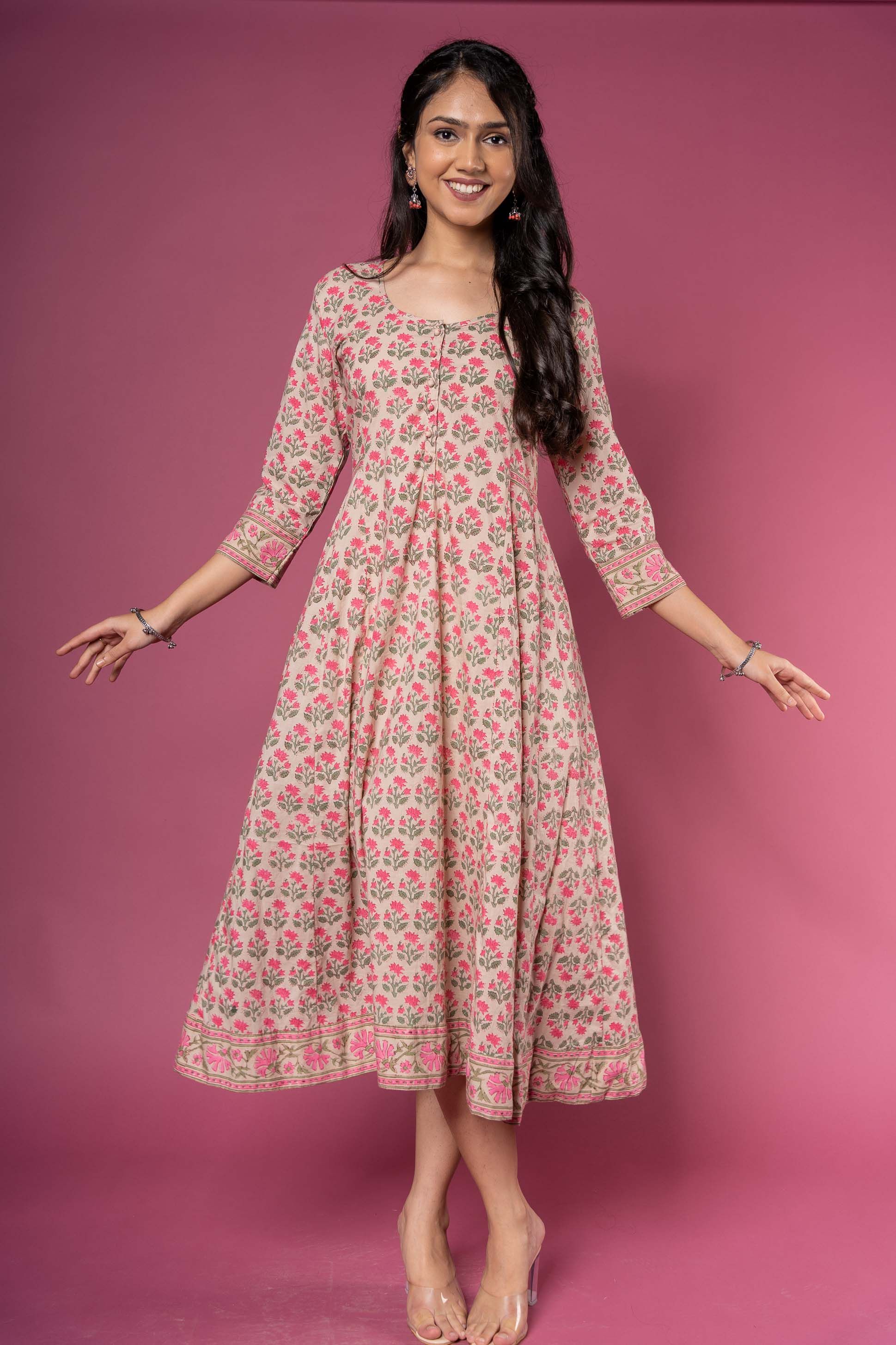 Pink Floral Block Printed Anarkali Dress