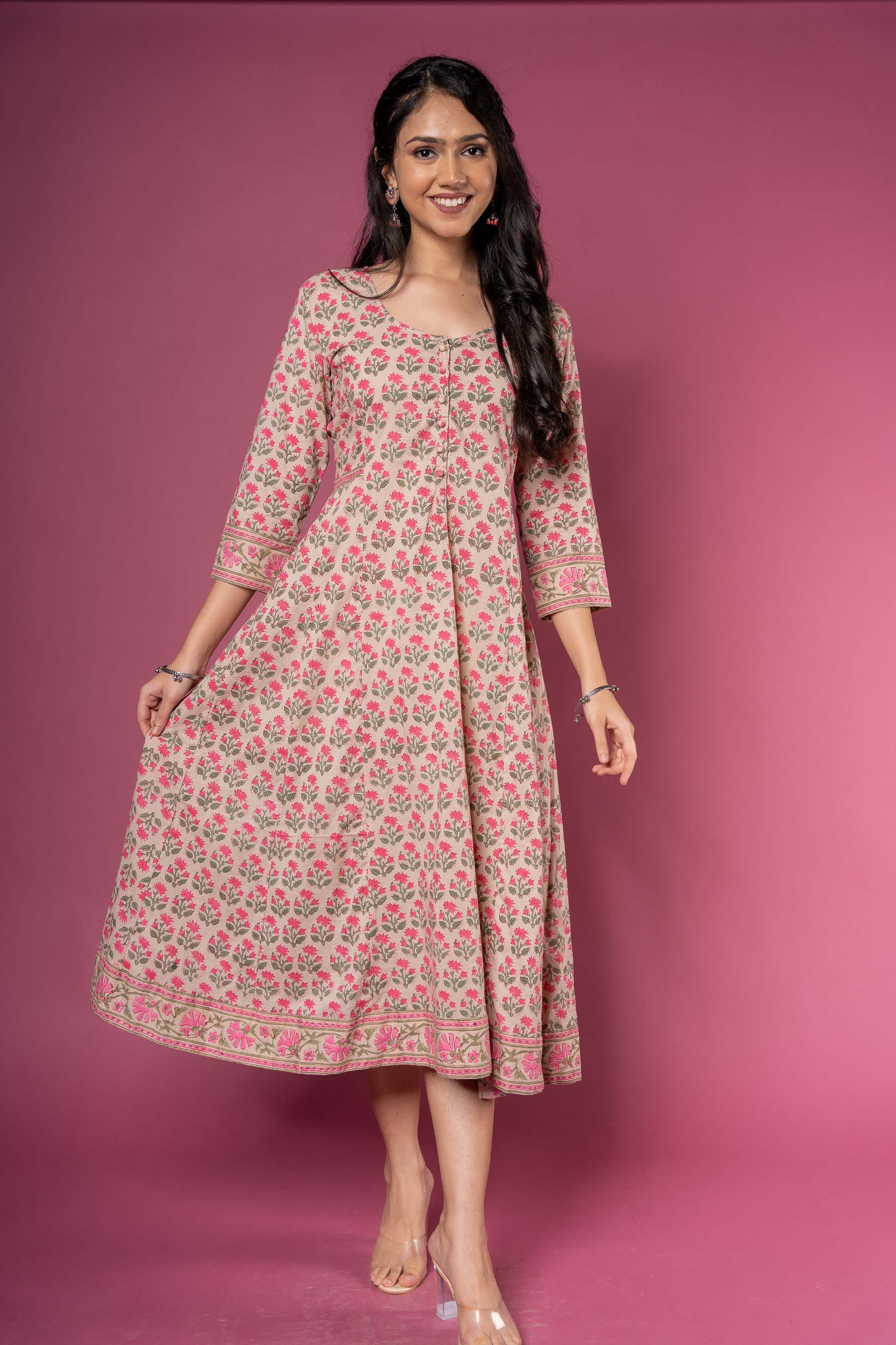 Pink Floral Block Printed Anarkali Dress