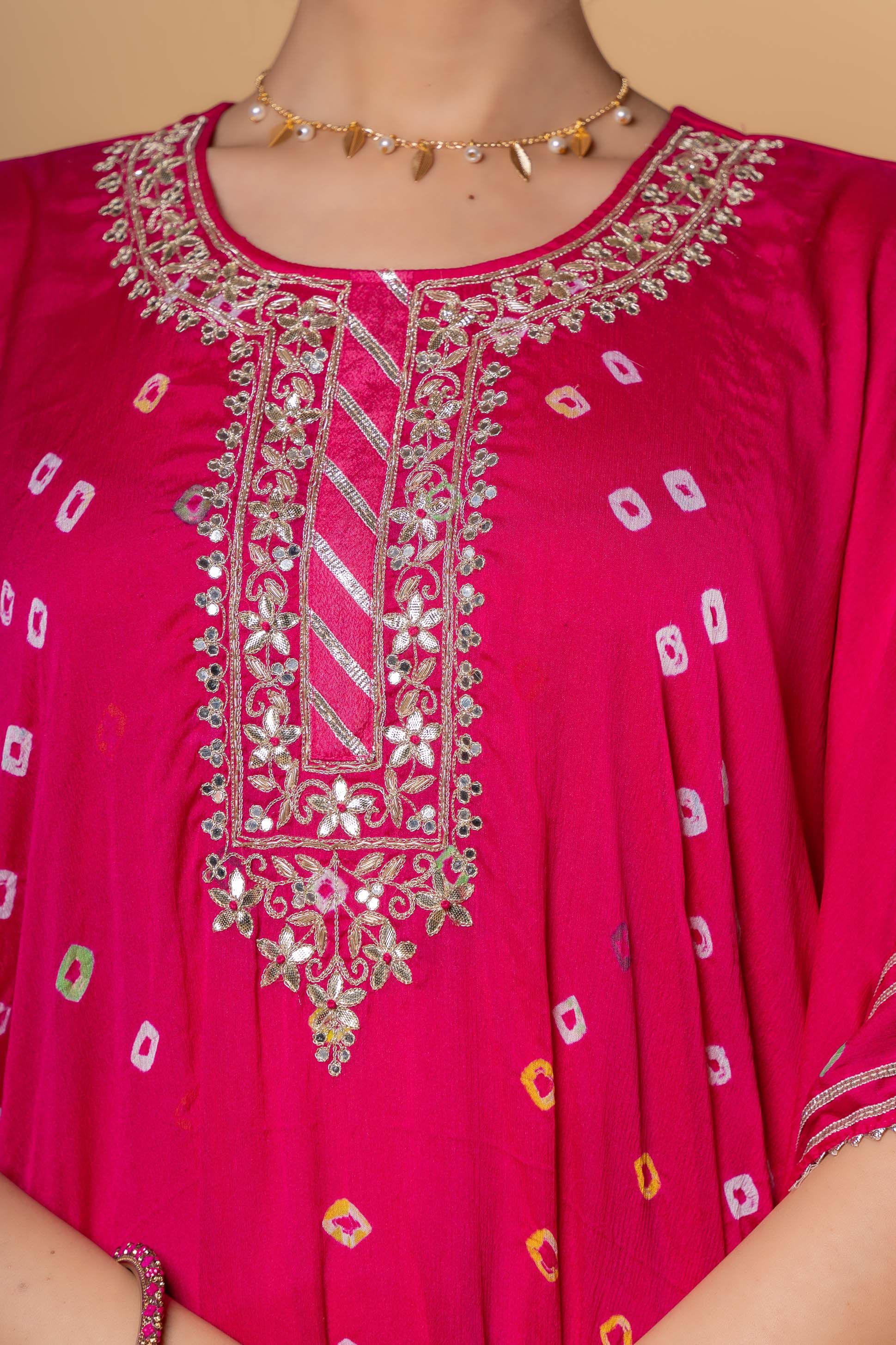 Pink Bandhej Hand Work Kaftan