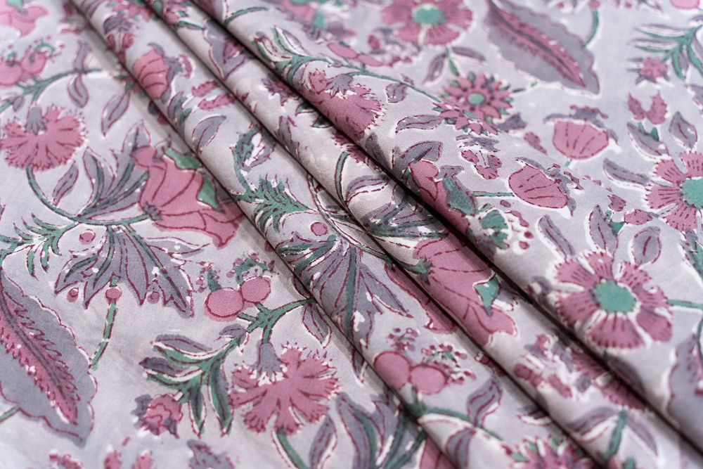 Lavender Floral Block Printed Cotton Fabric