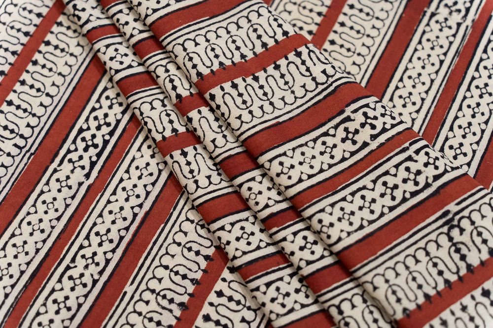 Bagru Red Striped Block Printed Cotton Fabric