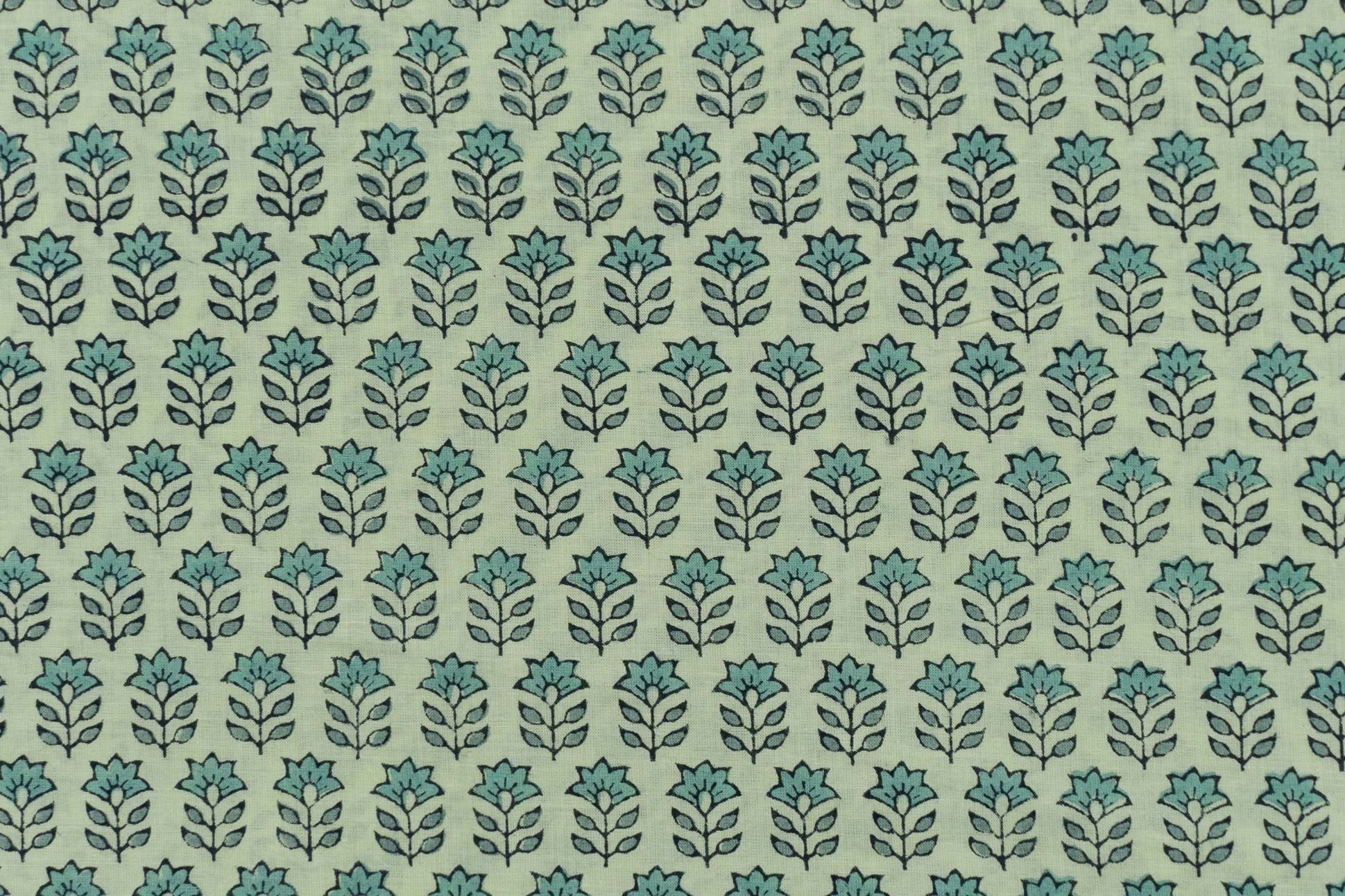 Pistachio Green Floral Block Printed Fabric