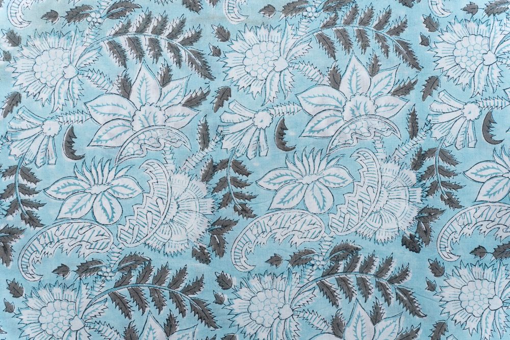 Sky Blue Floral Block Printed Cotton Fabric