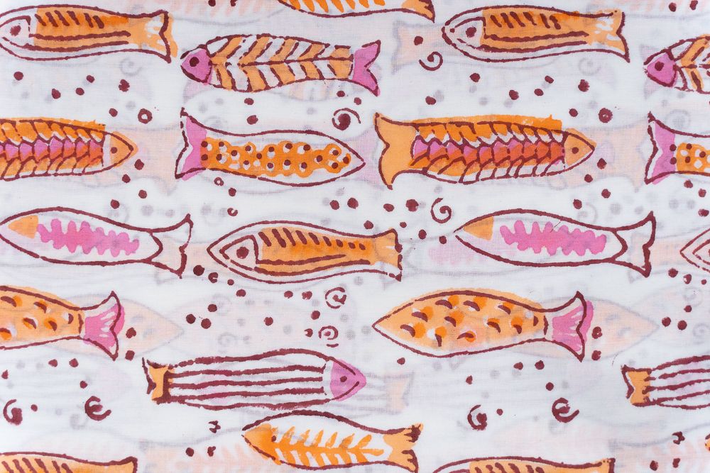 Orange Fish Hand Block Printed Cotton Fabric
