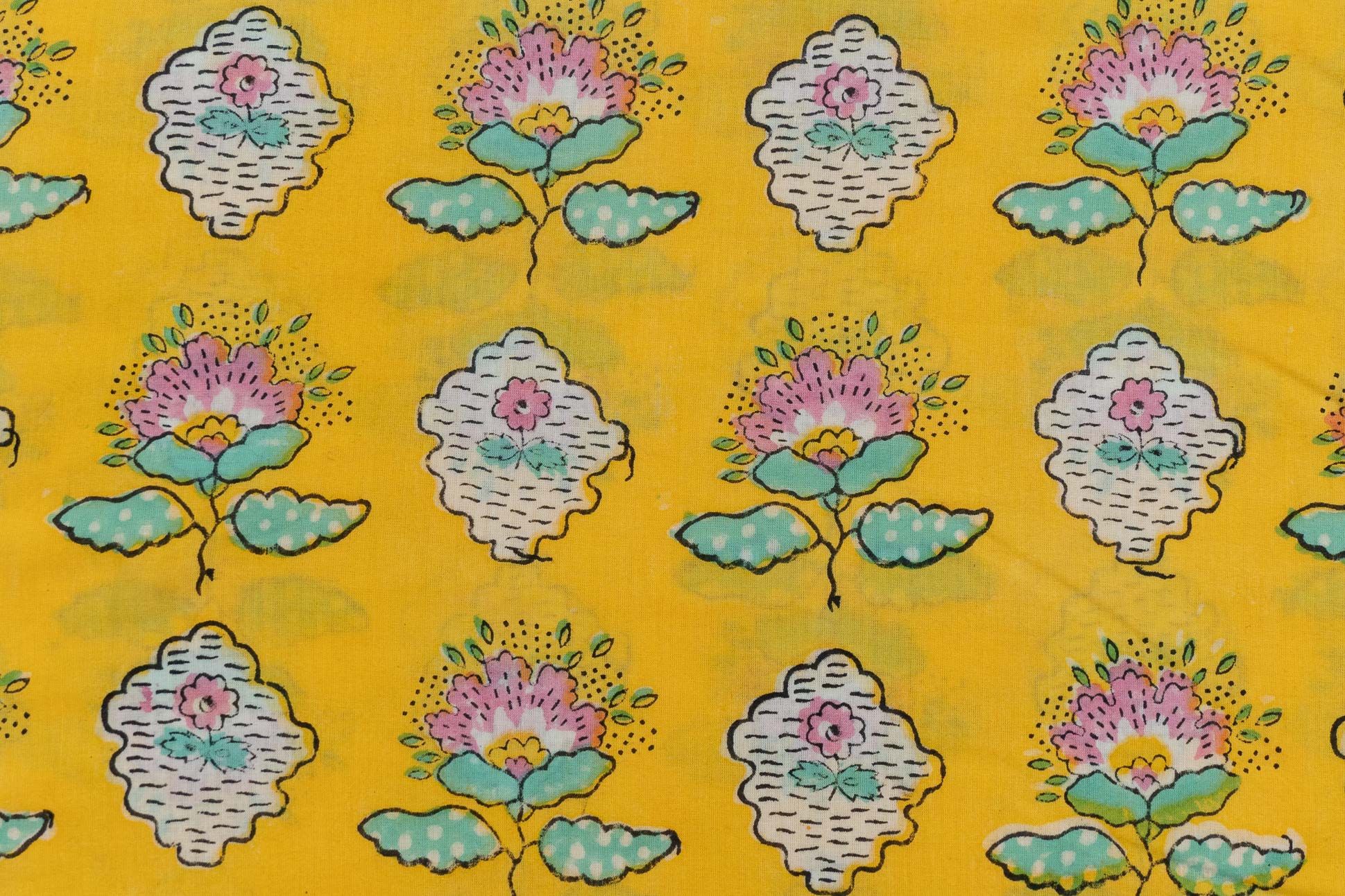 Yellow Floral Block Printed Cotton Fabric