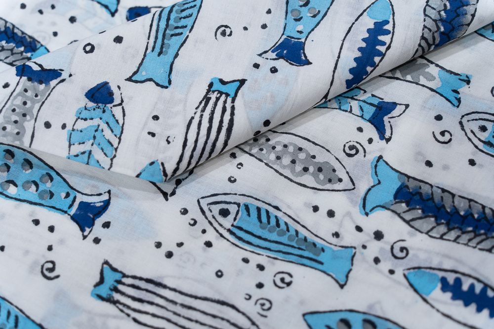 Blue Fish Hand Block Printed Cotton Fabric