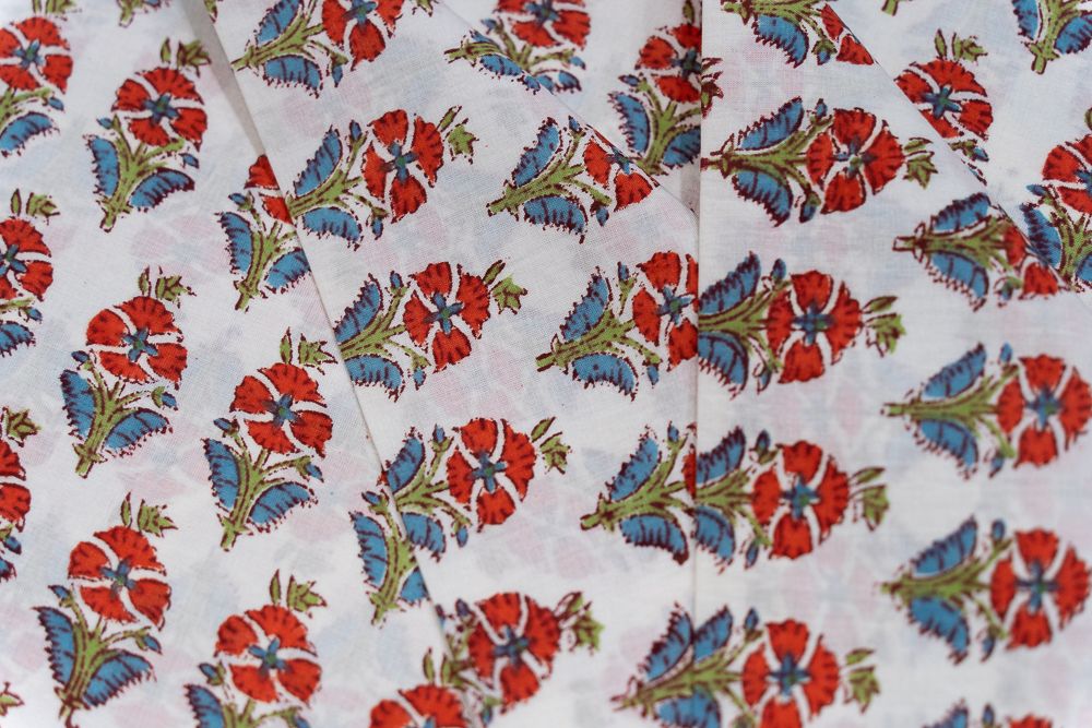 White Floral Hand Block Printed Cotton Fabric