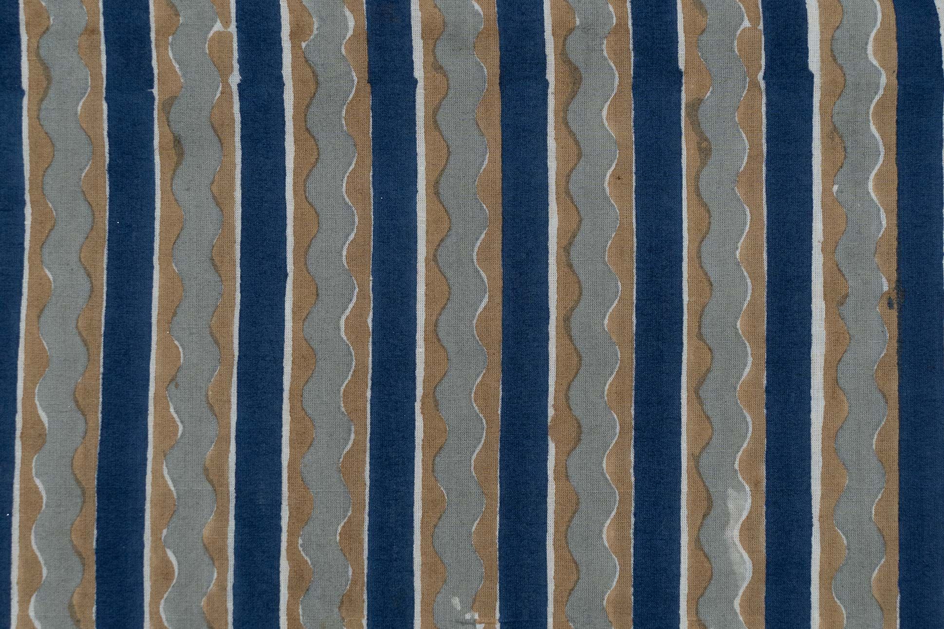 Grey Blue Striped Hand Block Printed Cotton Fabric