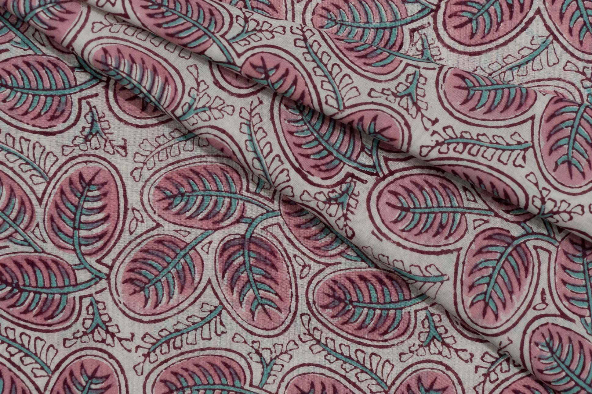 Pink Leaf Hand Block Printed Cotton Fabric
