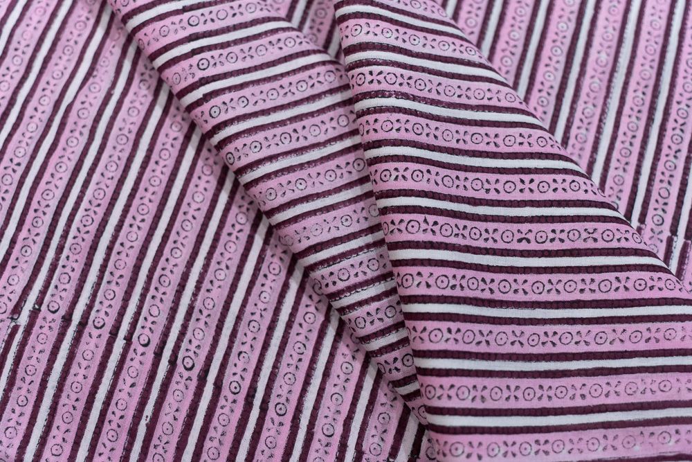 Pink Striped Block Printed Cotton Fabric