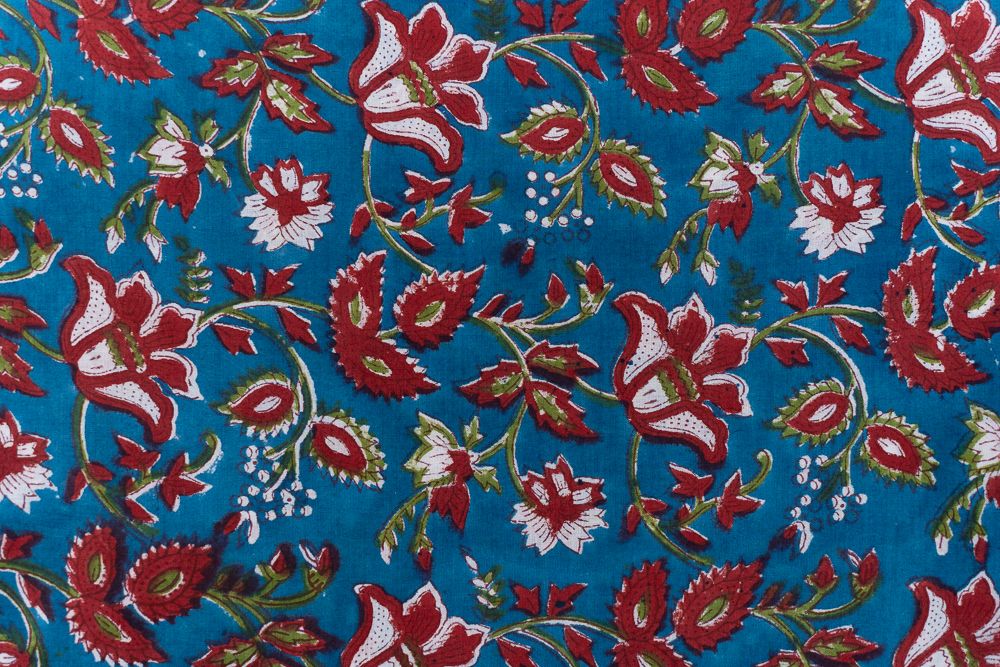 Racing Blue Floral Block Printed Cotton Fabric