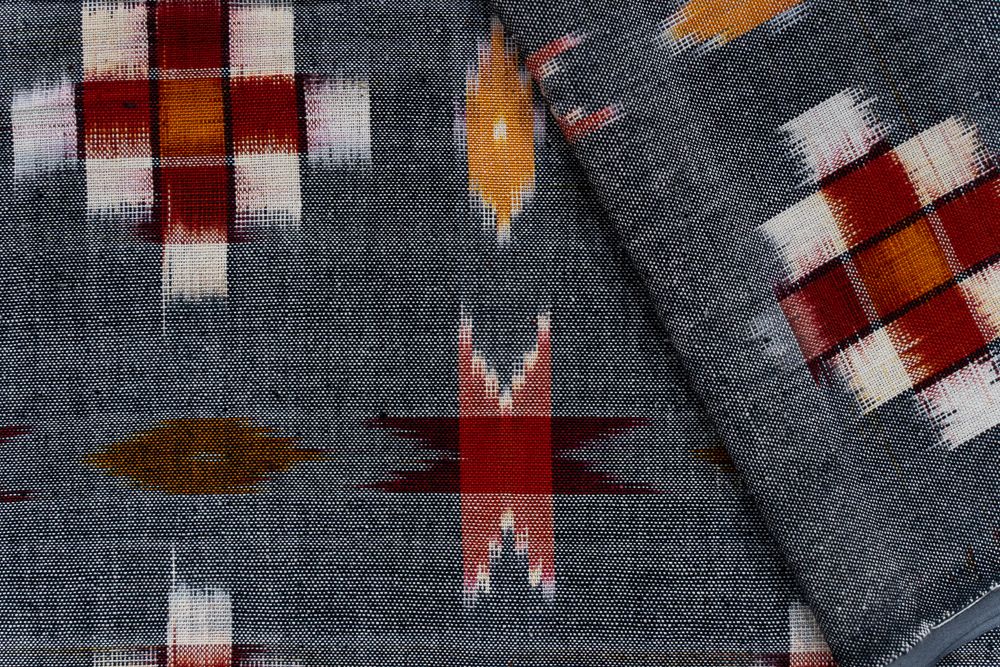 Grey Red Ikat Upholstery Cotton Fabric