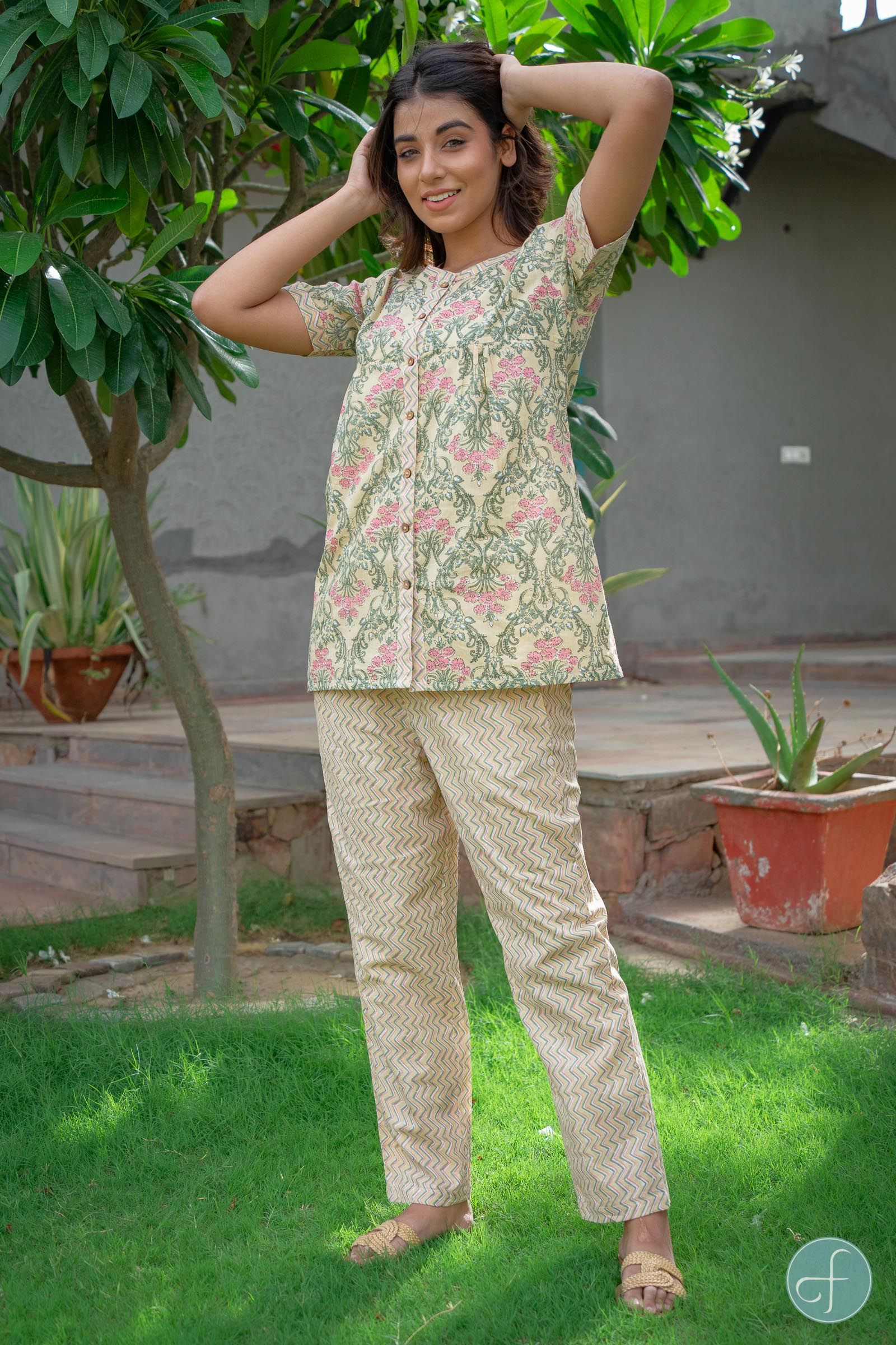 Dusky Yellow Floral Block Printed Night Suit