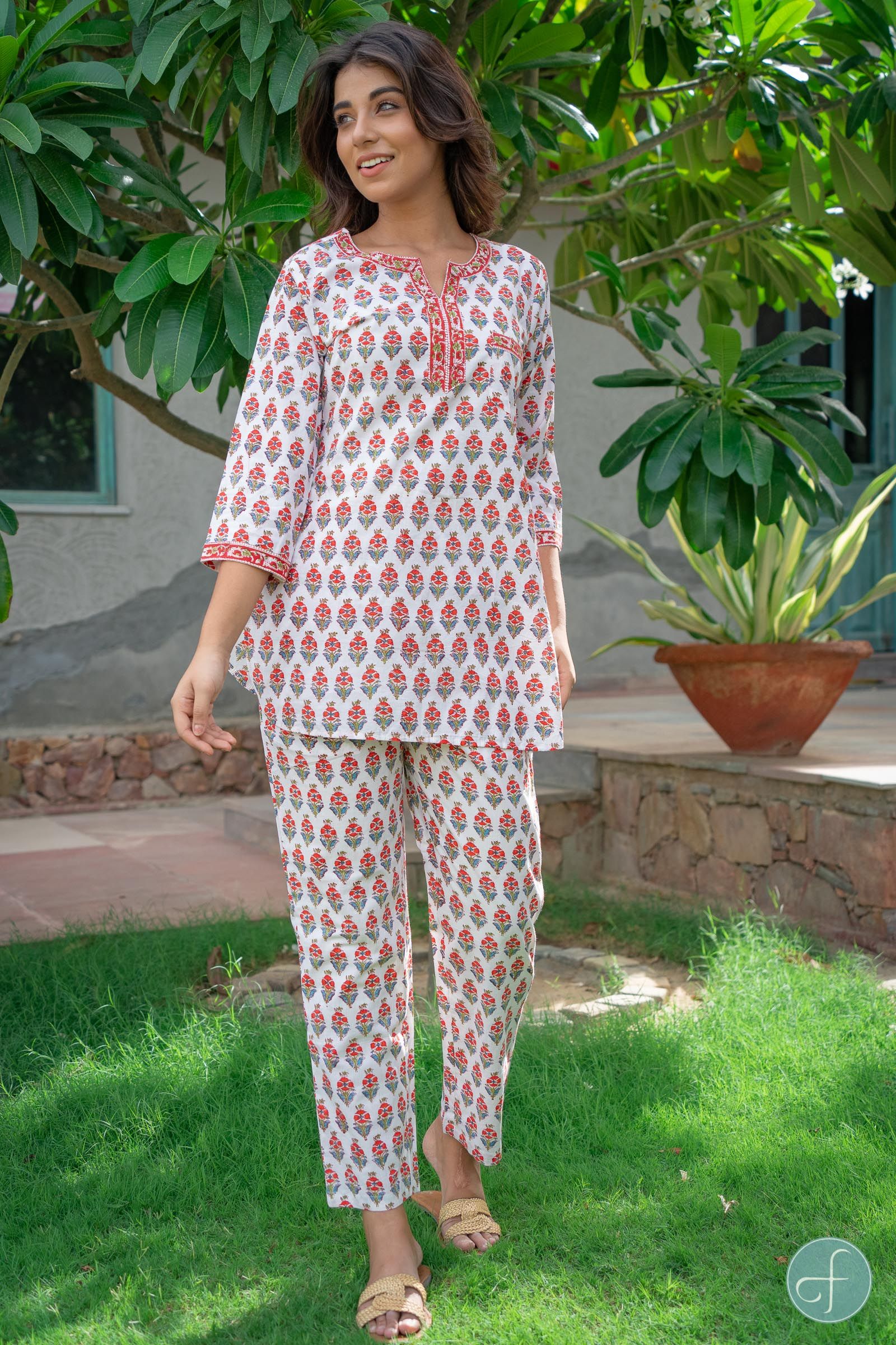 White Red Floral Block Printed Night Suit