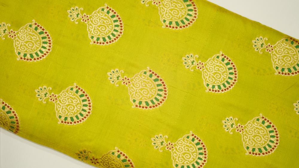 Fluroscent Green And Golden Banarasi Katan Silk Fabric