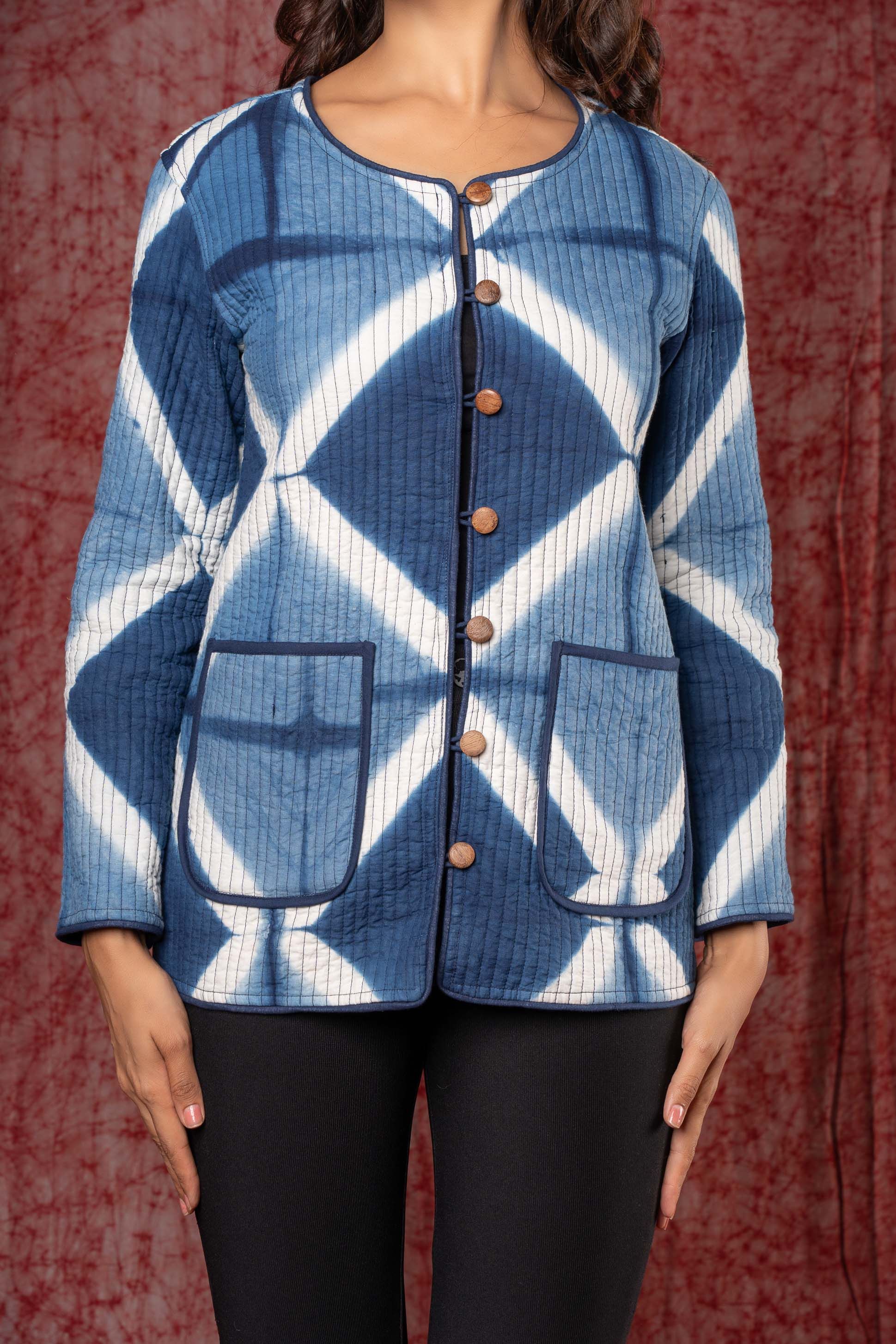 Blue White Reversible Quilted Clamp Dye Jacket