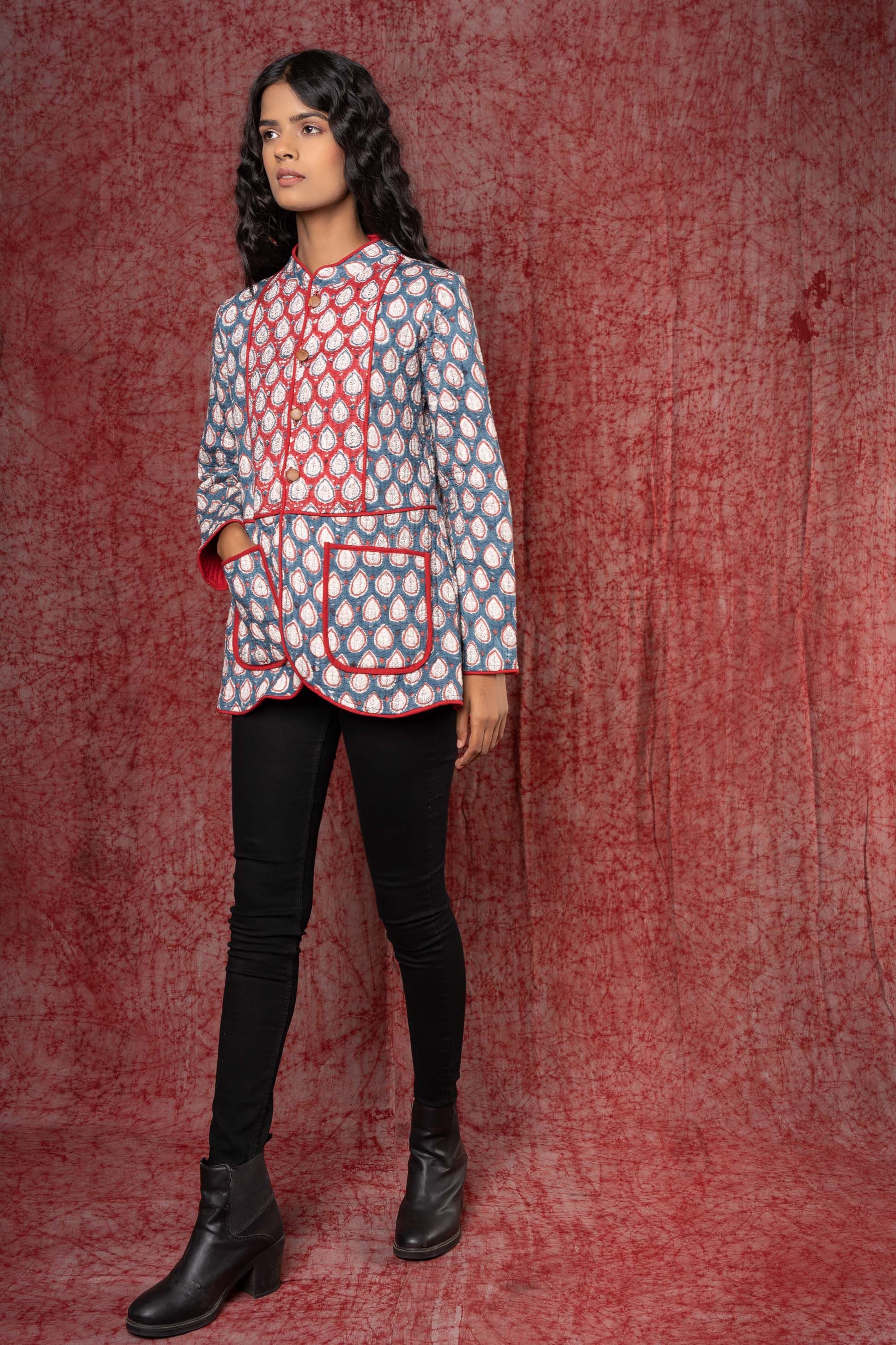 Blue Red Patch Block Printed Quilted Jacket