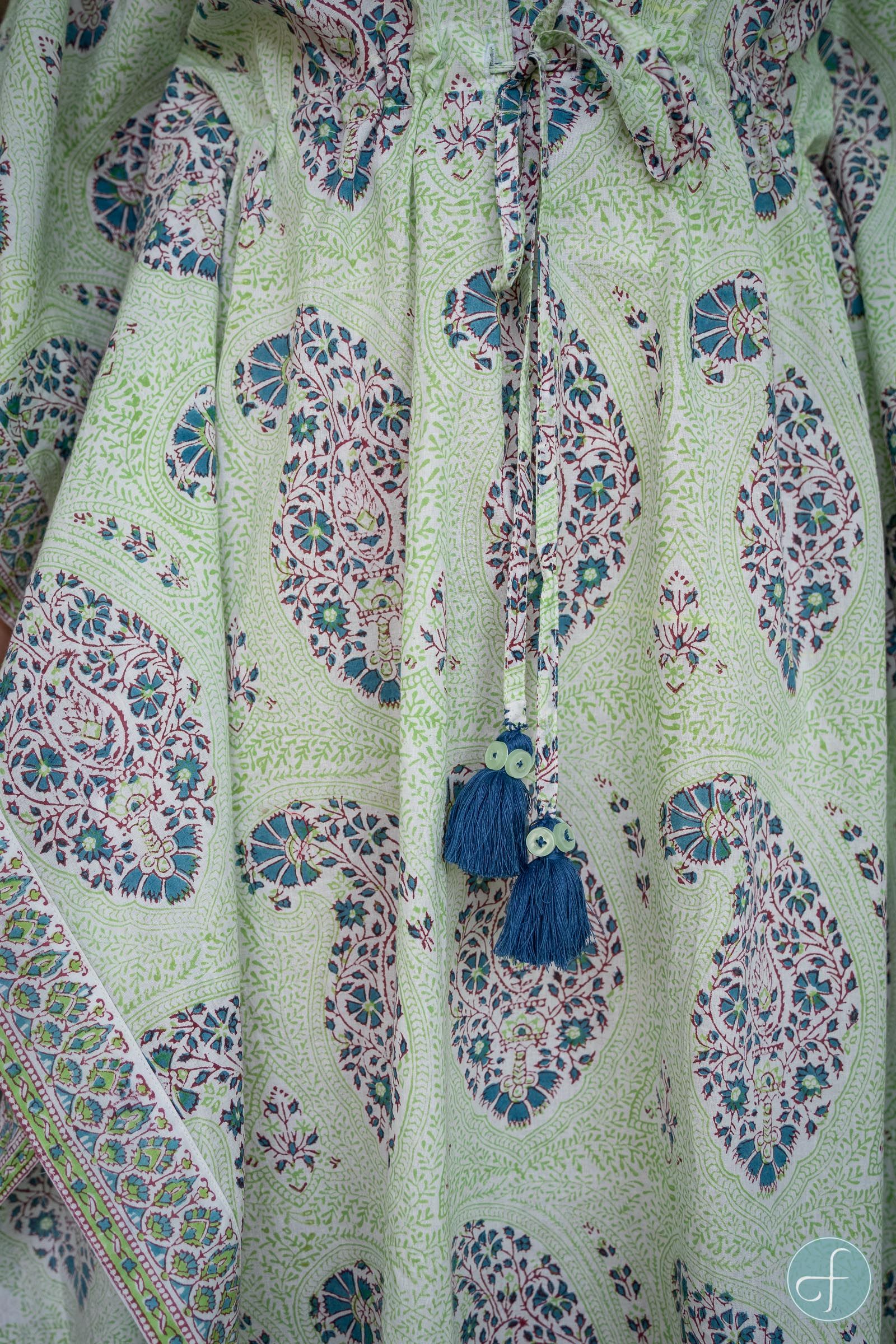 Green Blue Paisley Block Print Kaftan Dress