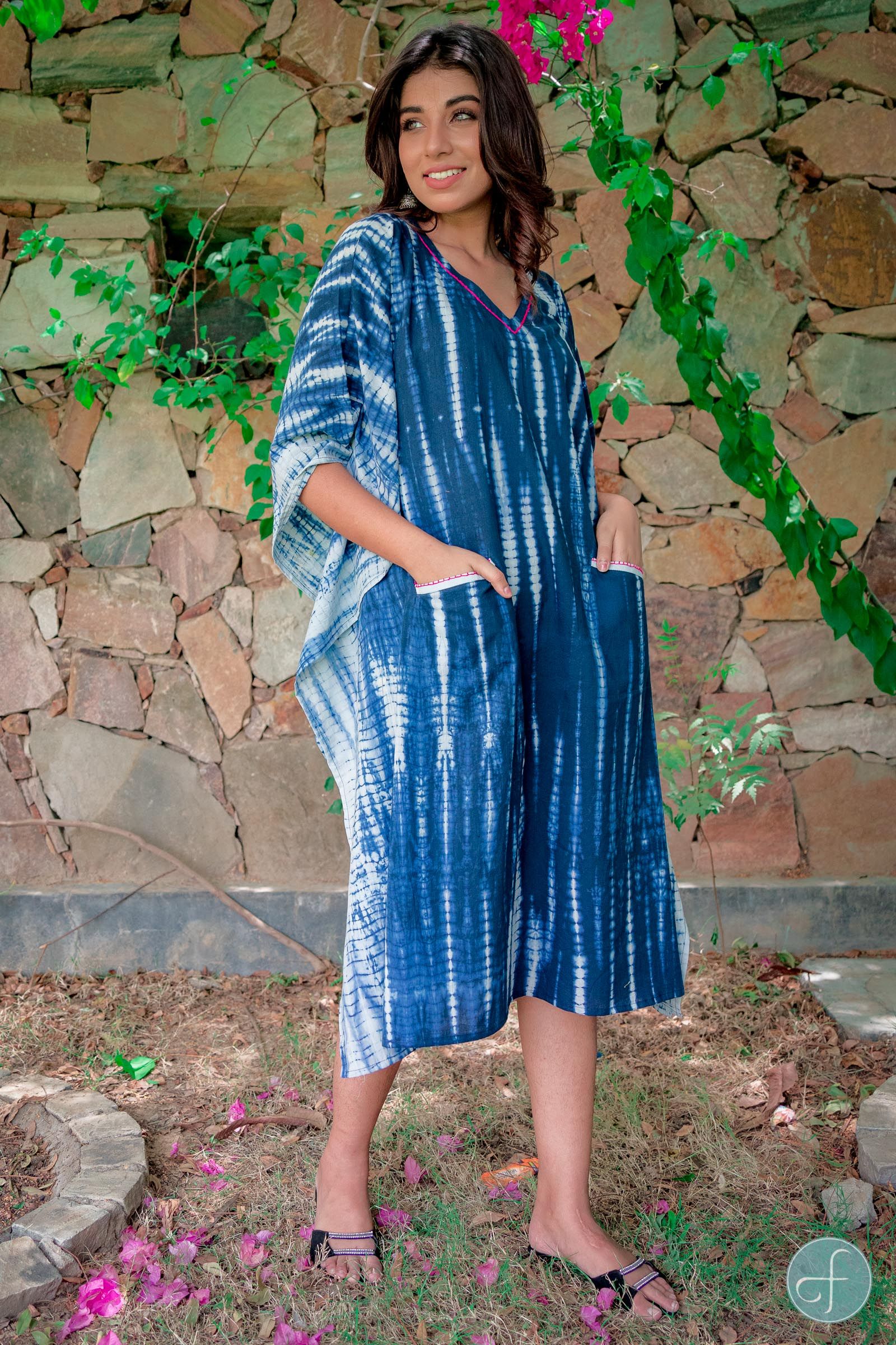 Blue Shibori Block Print Kaftan Dress