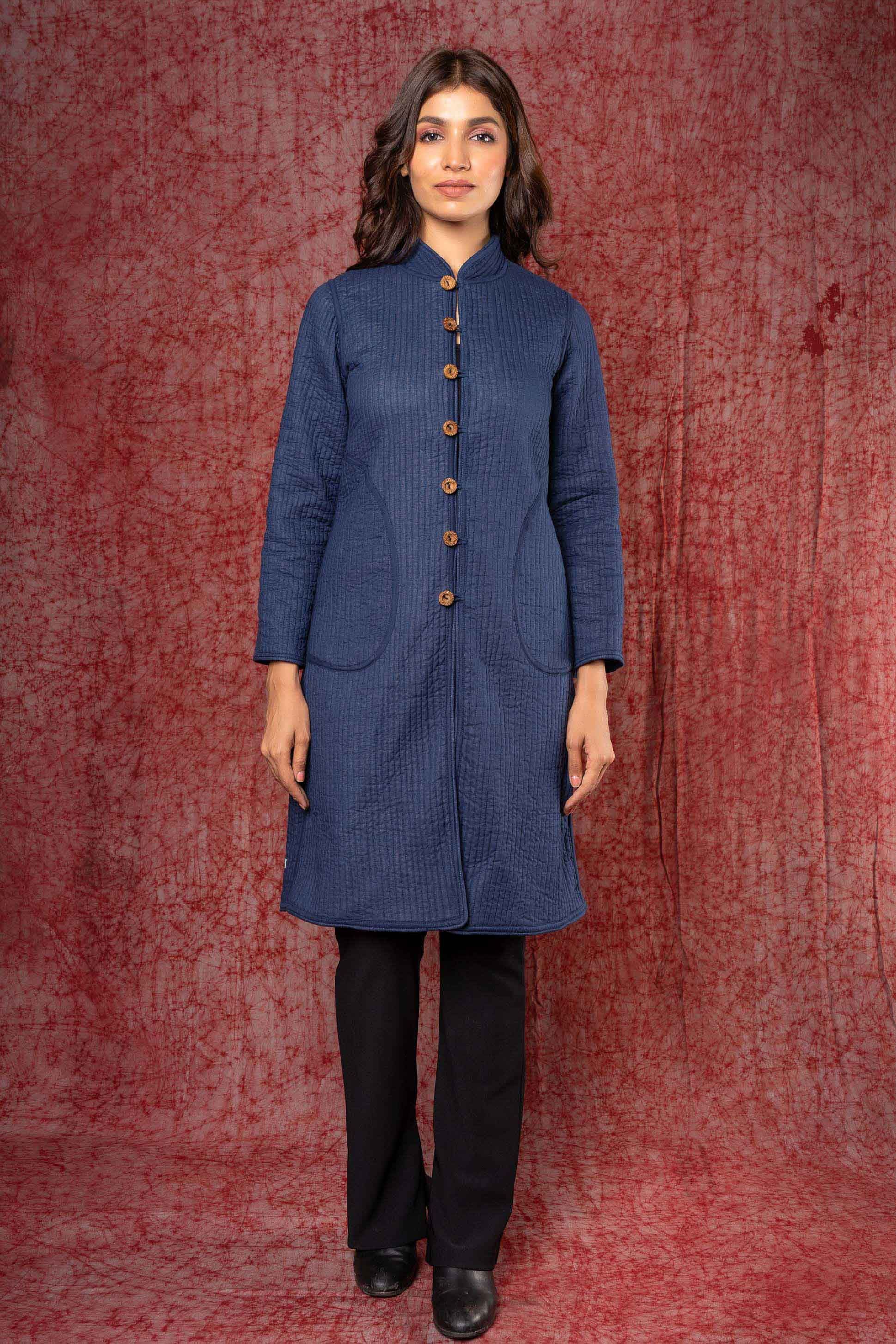 Blue Clamp Dye Quilted Reversible Coat