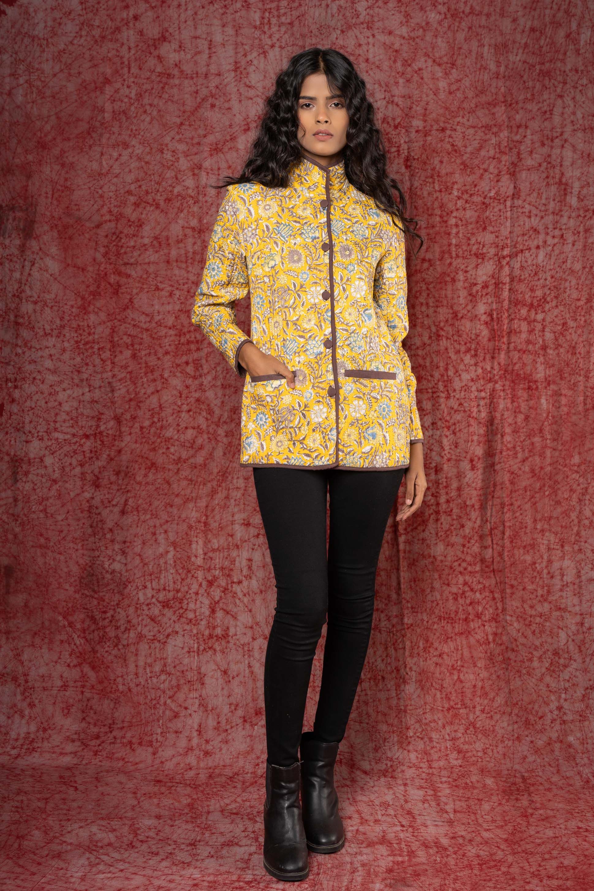 Yellow Floral Block Printed Quilted Jacket