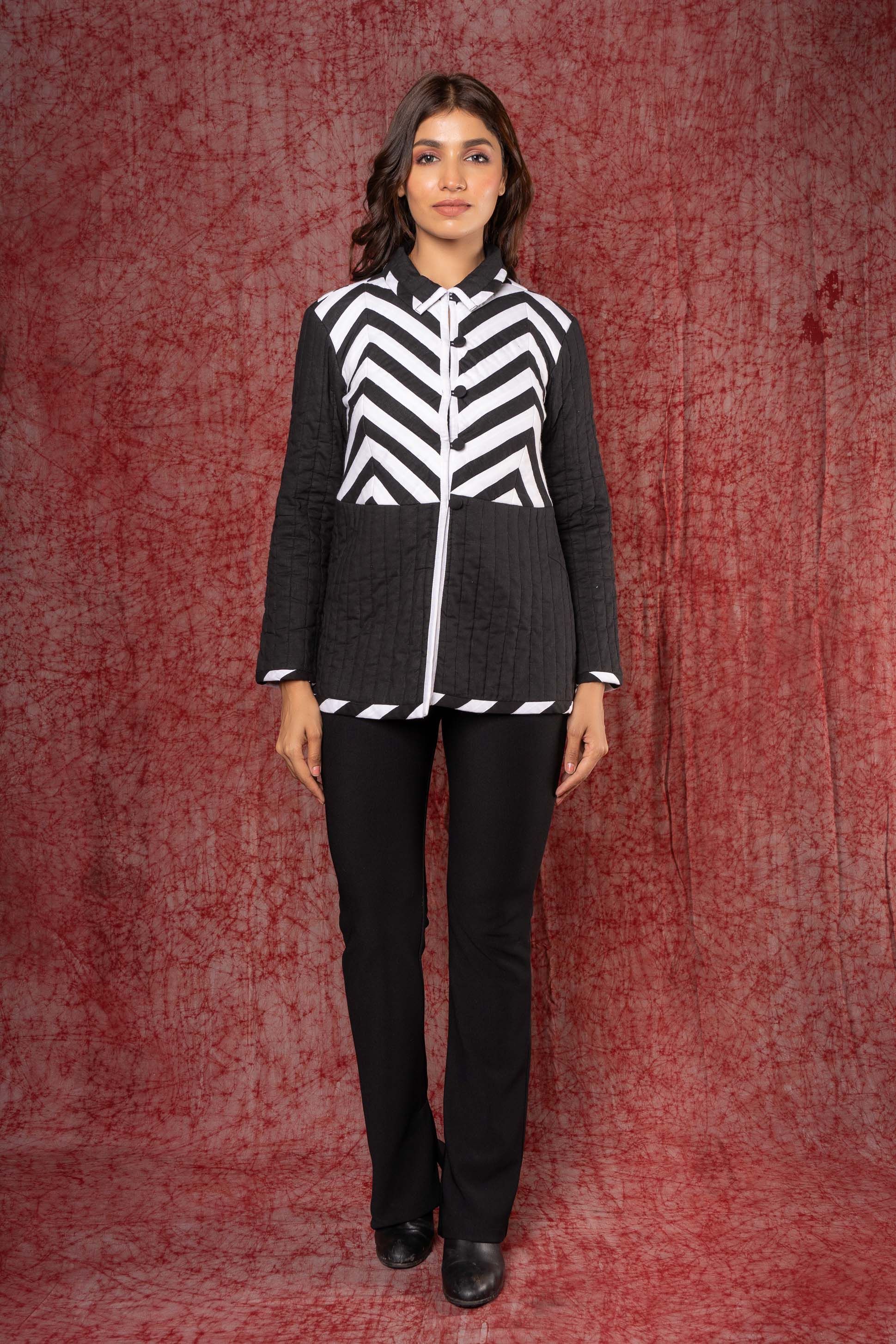 Black And White Quilted Applique Jacket