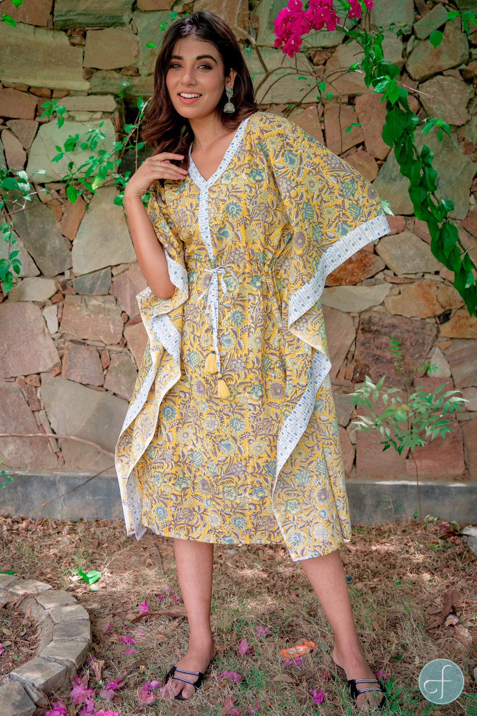 Yellow Floral Block Print Kaftan Dress