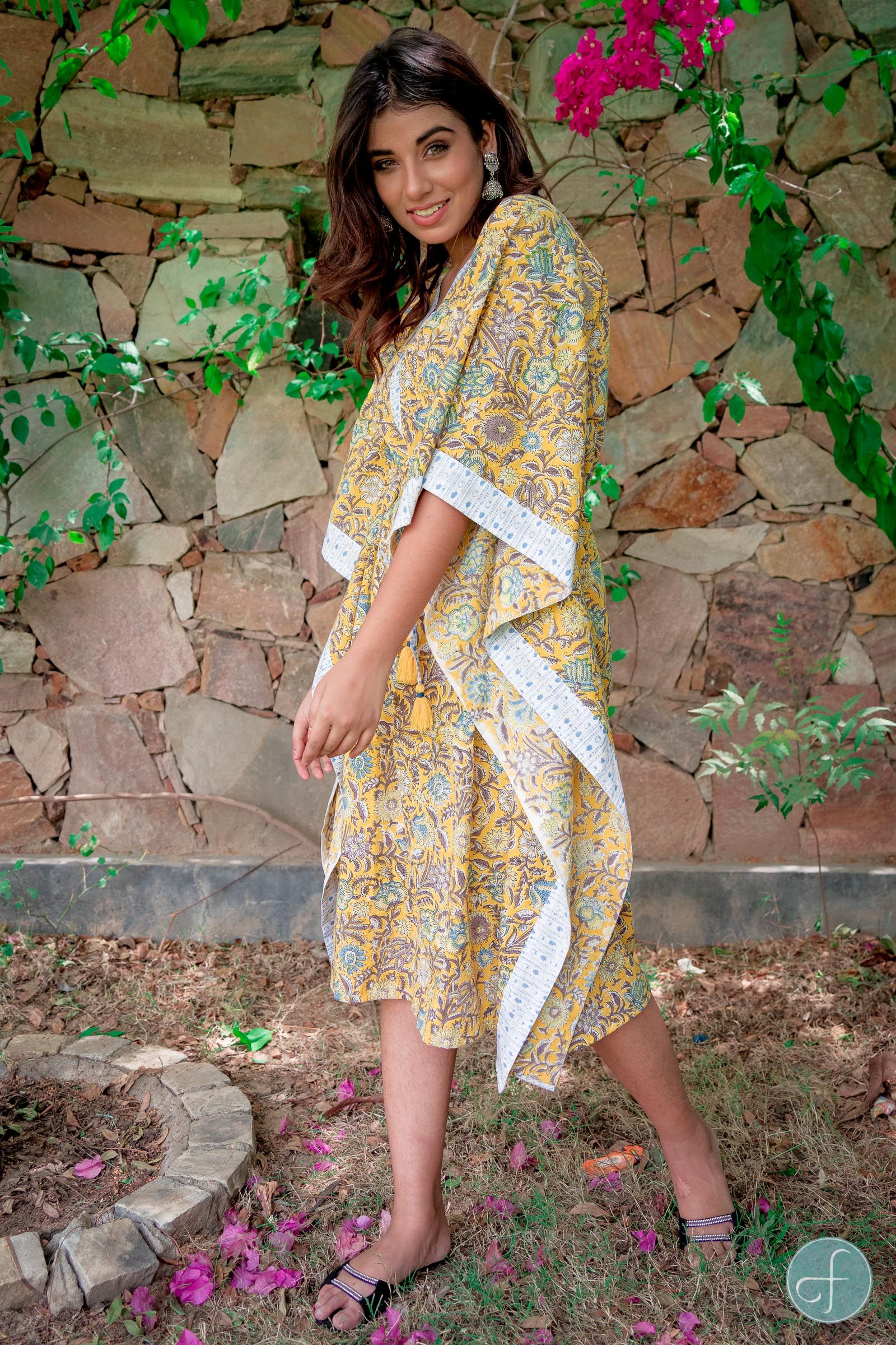 Yellow Floral Block Print Kaftan Dress