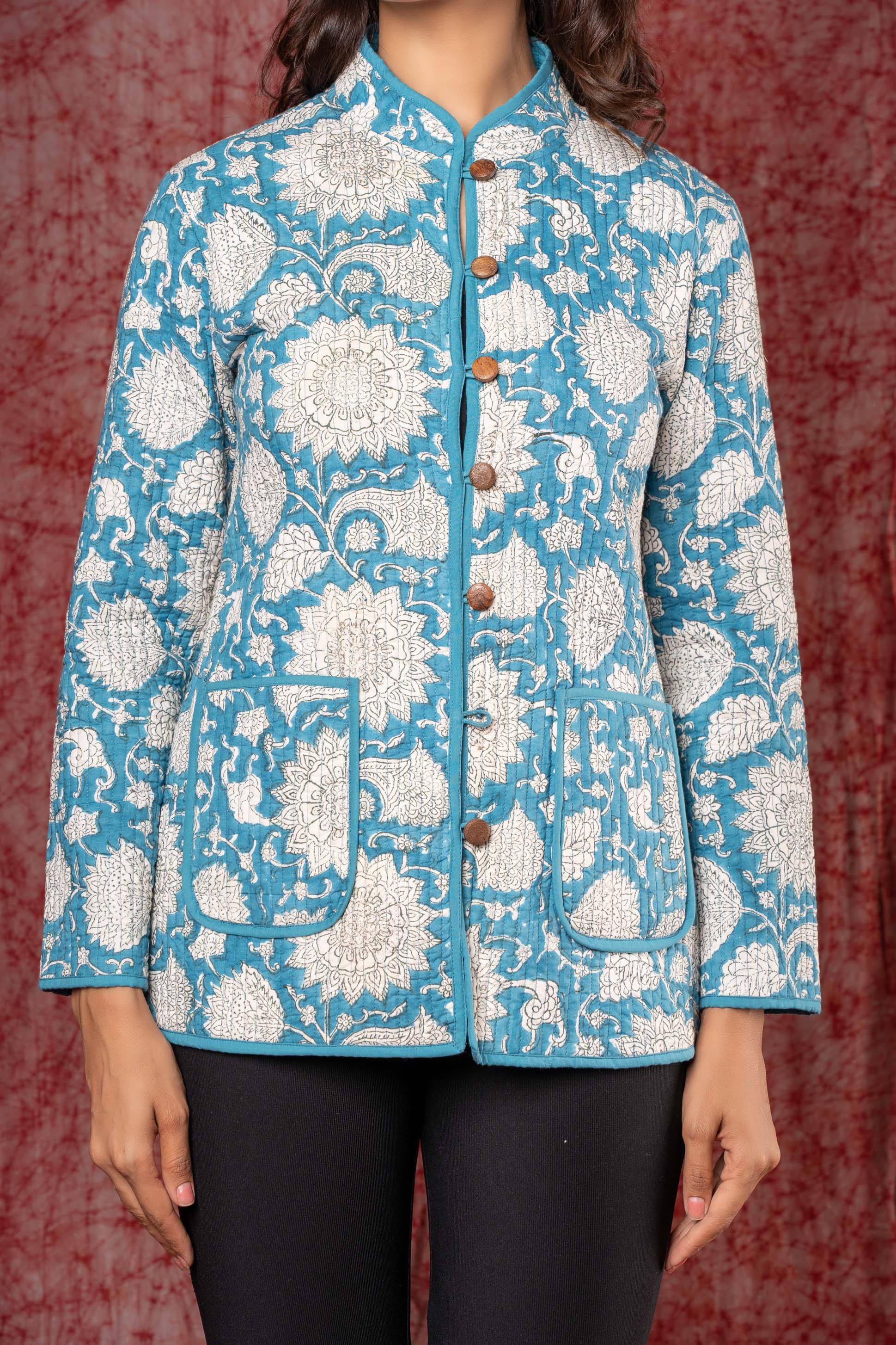 Blue Reversible Block Printed Quilted Jacket