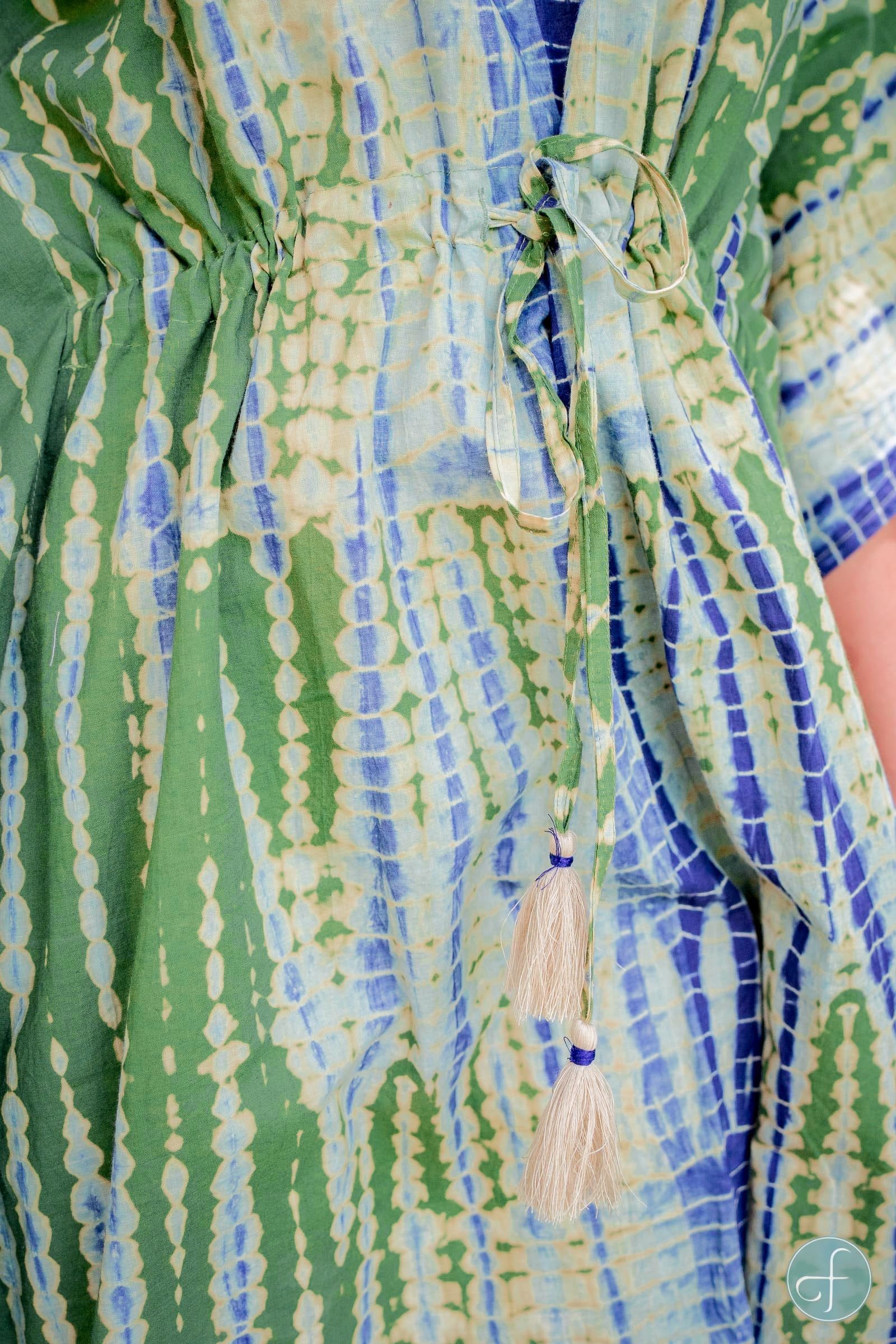Blue Green Shibori Block Print Kaftan Dress