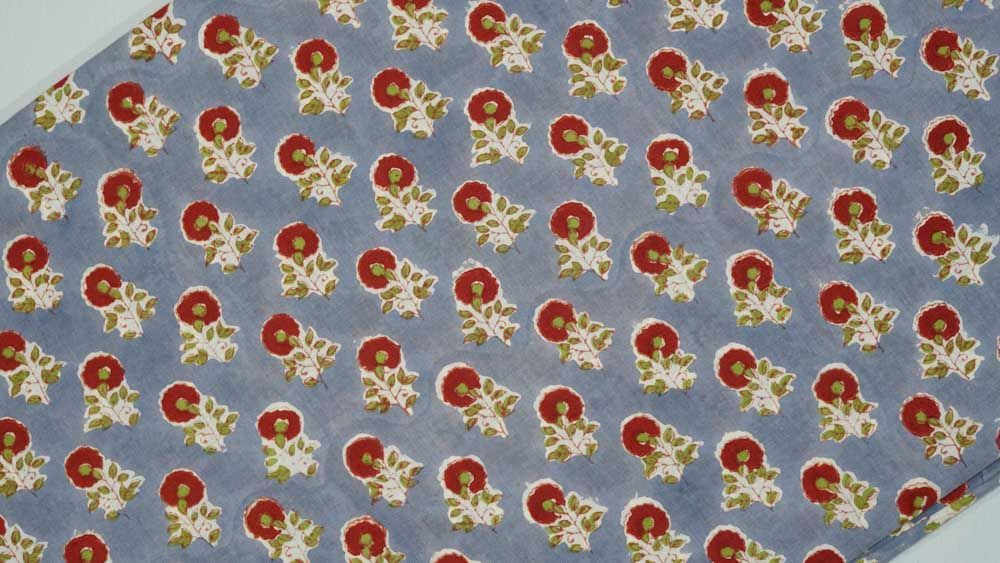 Grey And Red Floral Block Print Cotton Fabric